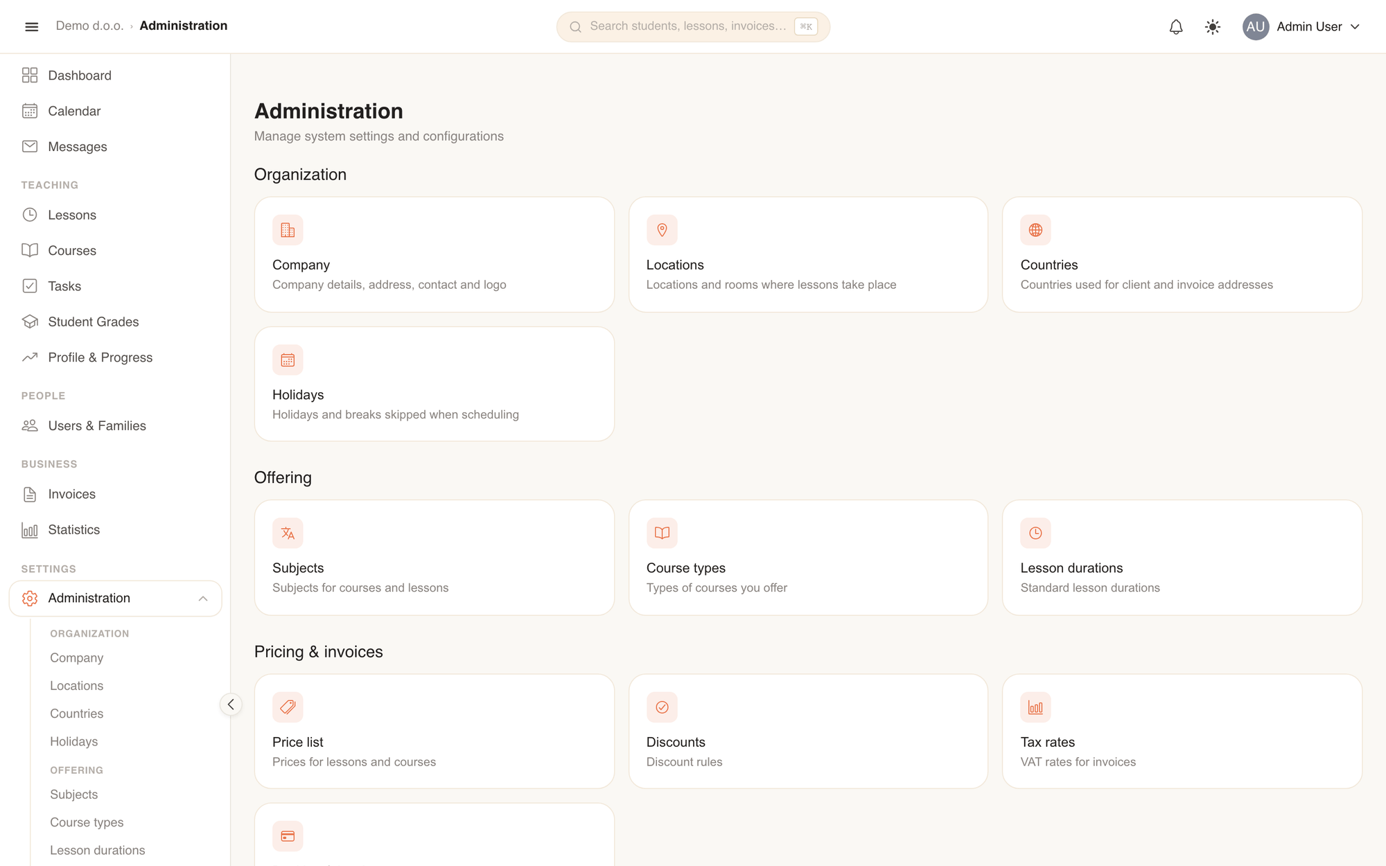 The Administration hub: quick access to organization, offer, billing, and system settings