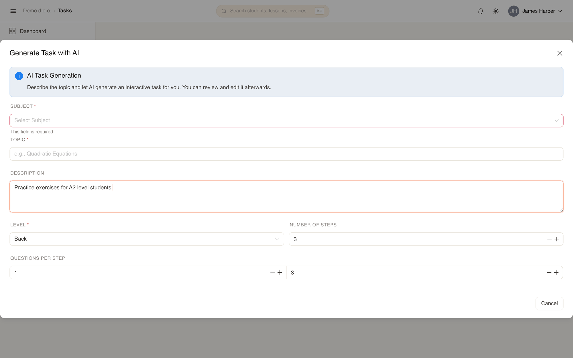 The AI task generator modal with subject, topic, difficulty, and question range settings