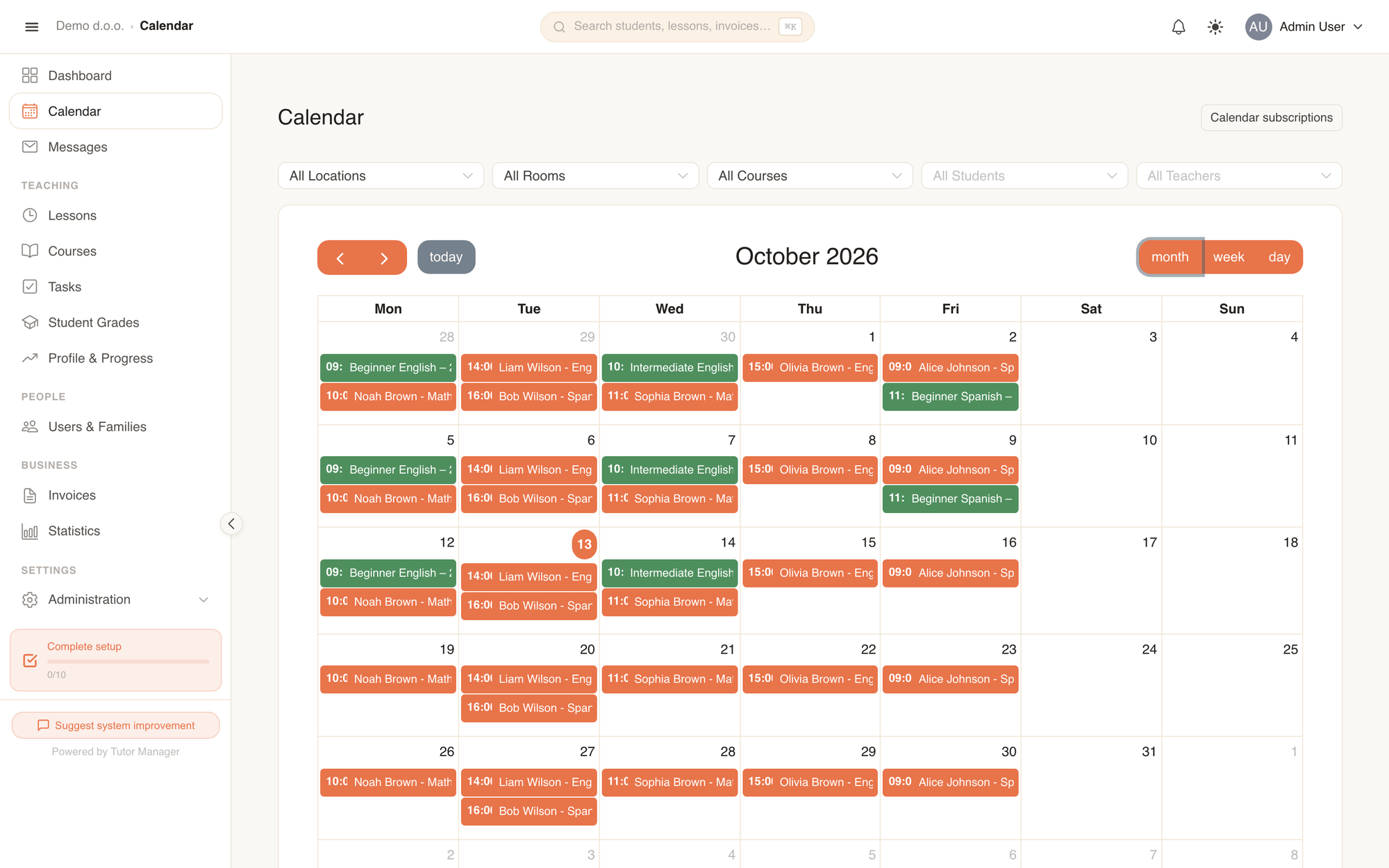 The monthly calendar view showing lessons and course events