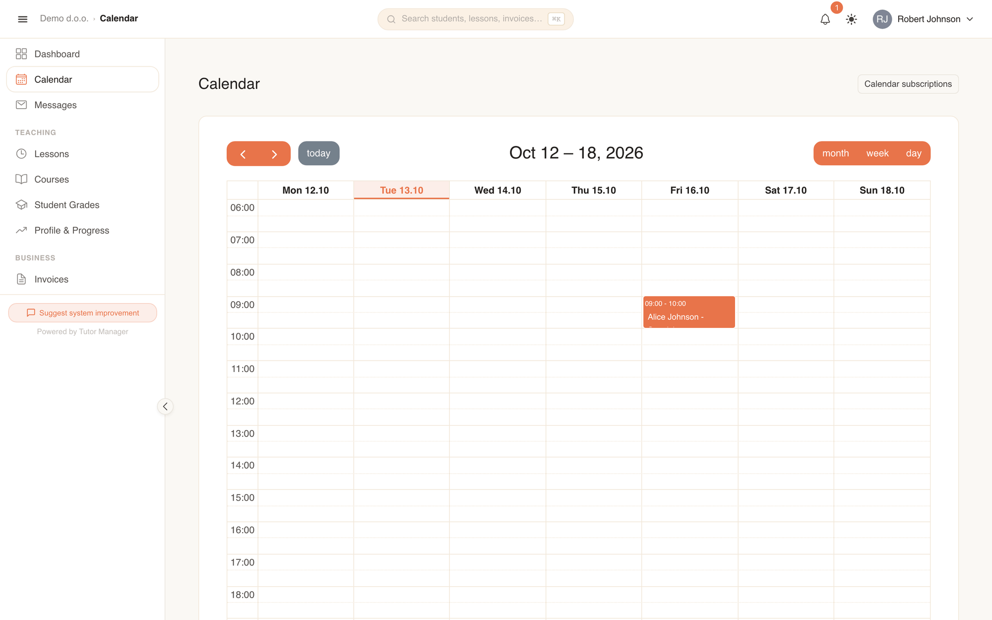 The family calendar combining lessons for all children with individual name badges