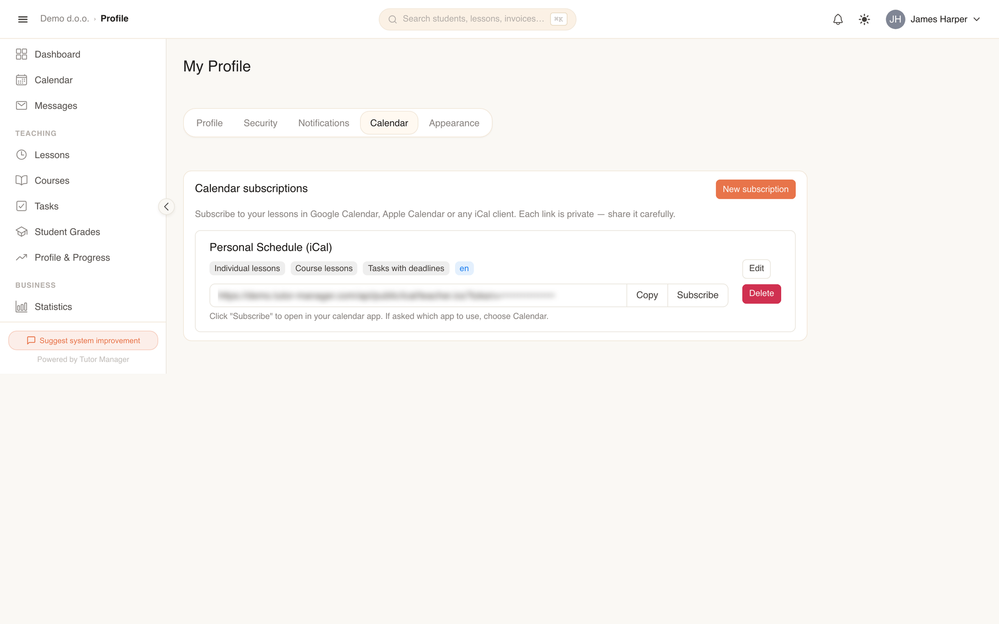 Managing personal iCal subscriptions
