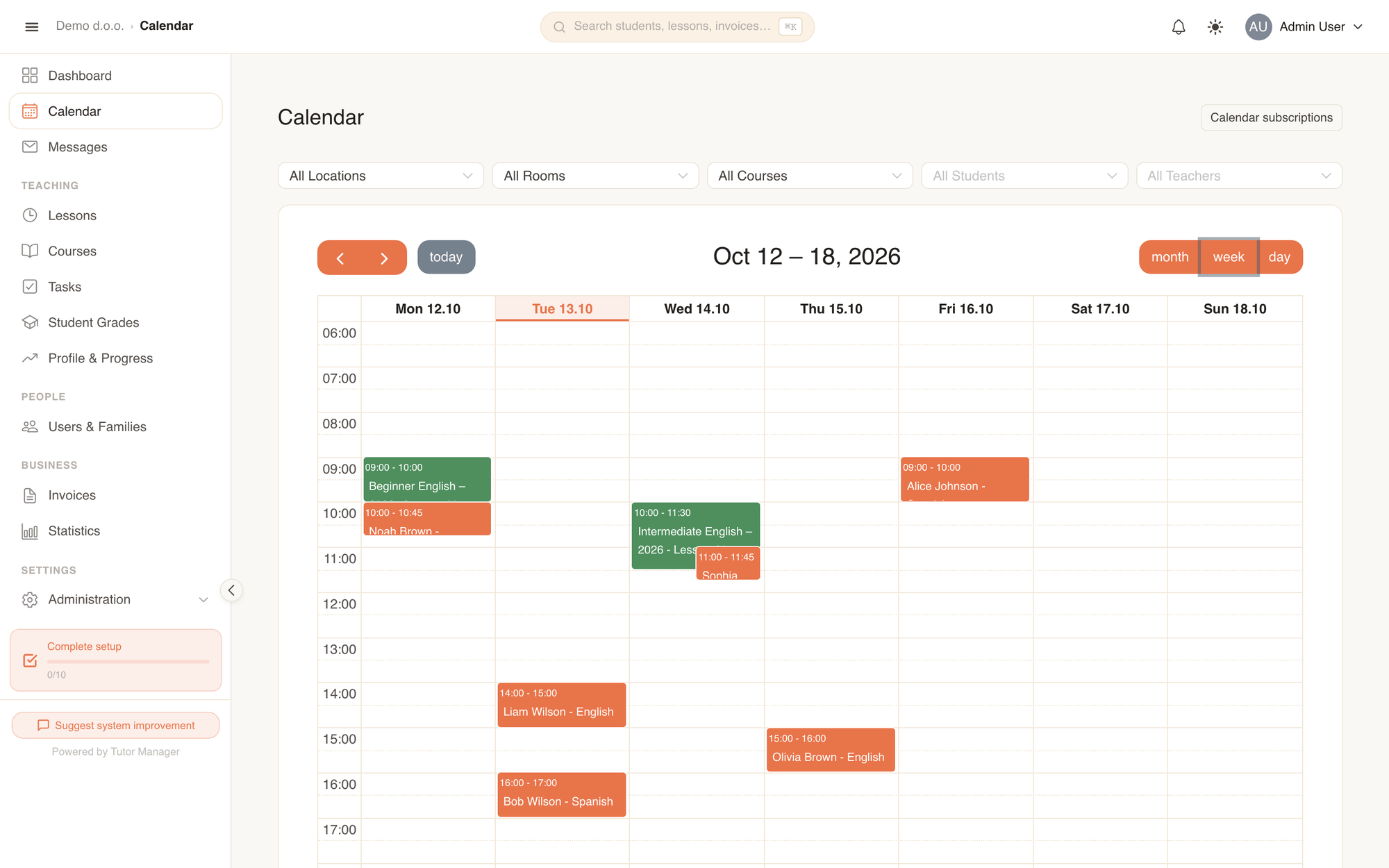 The weekly calendar view with filters and scheduled lessons