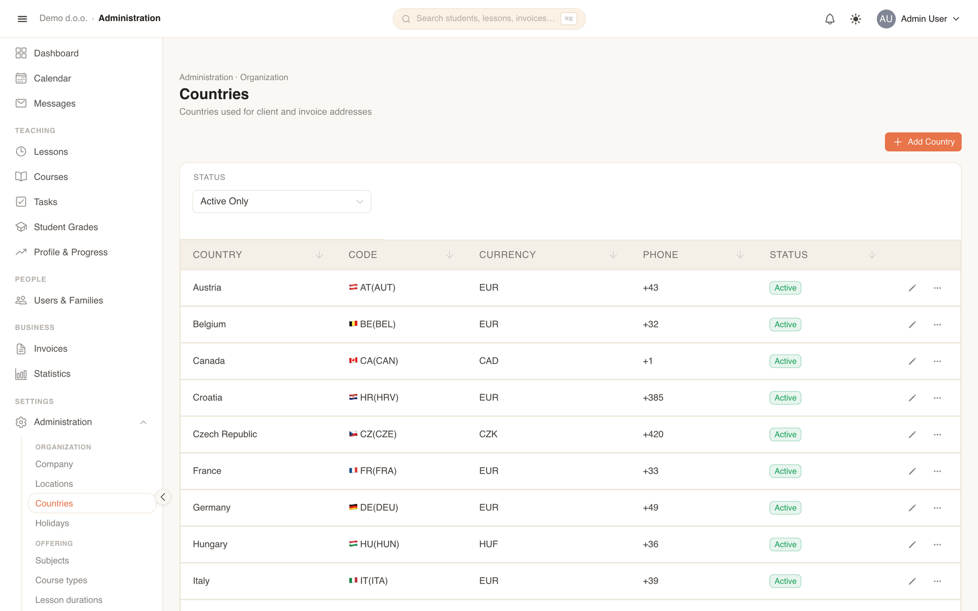 Supported countries with phone codes and default currencies