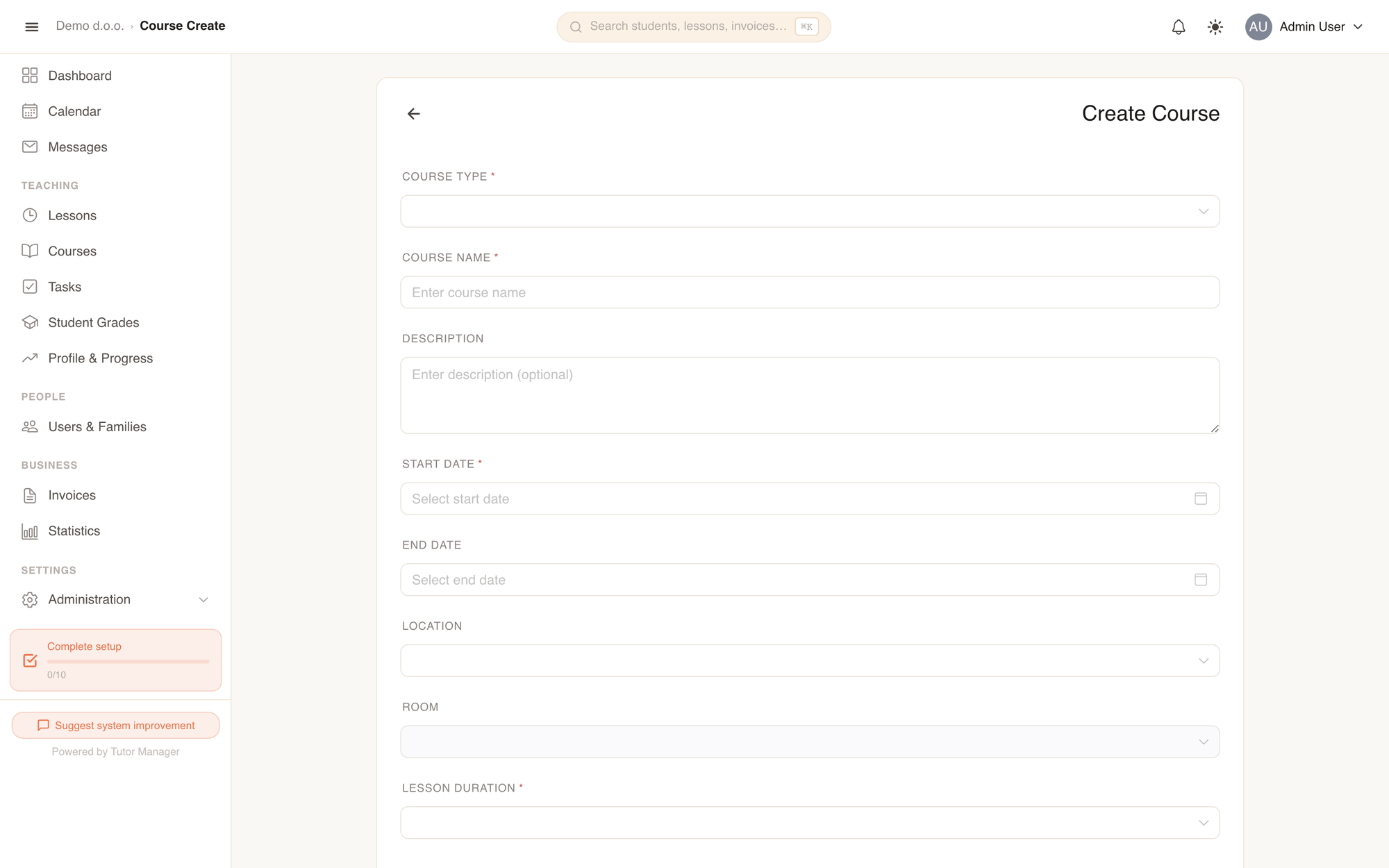 Creating a new group course with billing and room settings