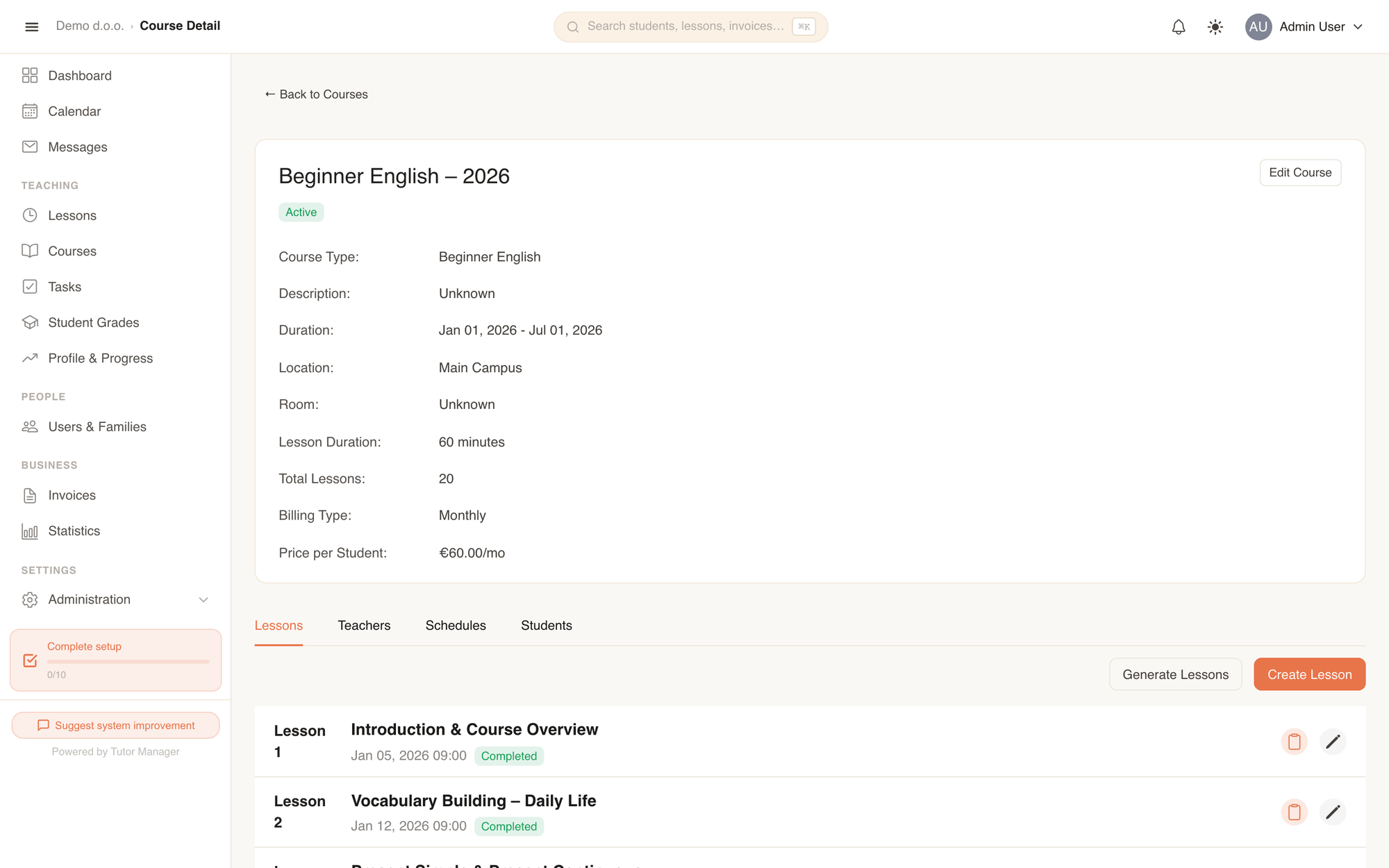 Course detail page with lessons, teachers, schedules, and student enrollments