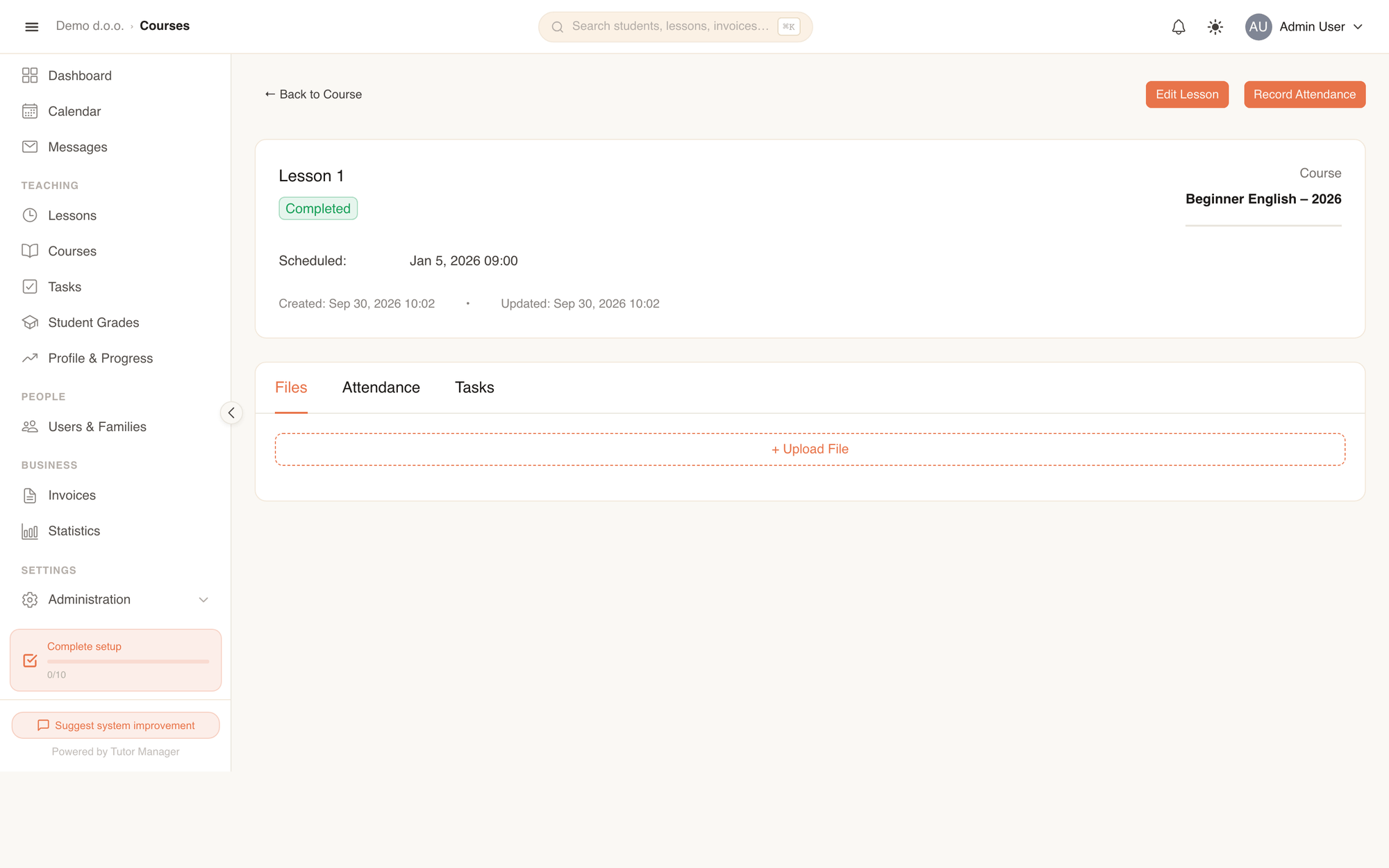 Course lesson details with attendance tracking and learning materials