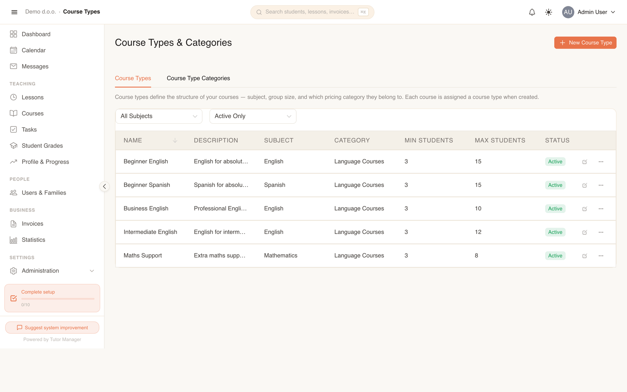 The Course Types catalog showing categories, student limits, and subjects