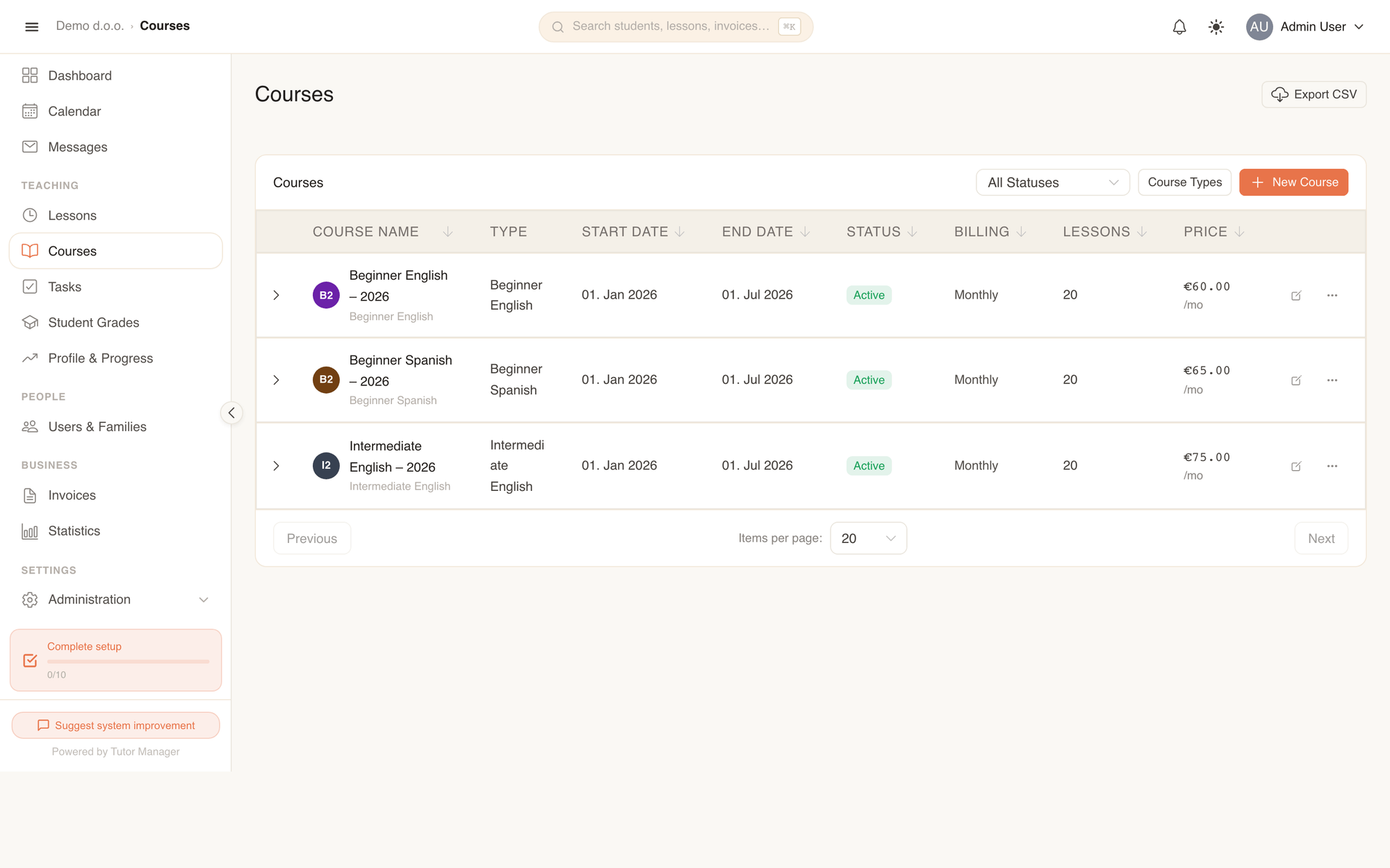 The courses directory showing active, draft, and completed courses