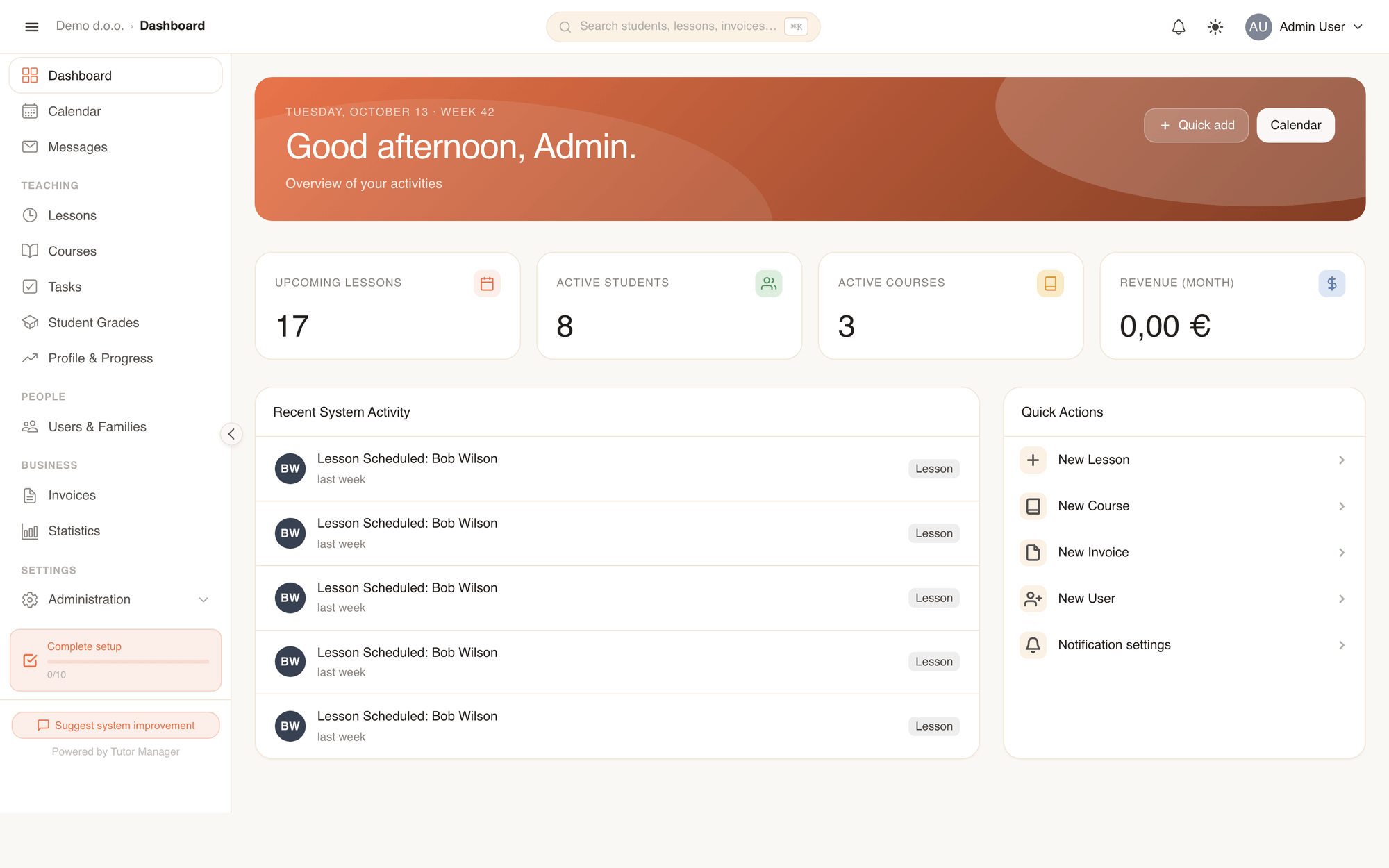 The administrator dashboard with key metrics, quick actions and recent activity