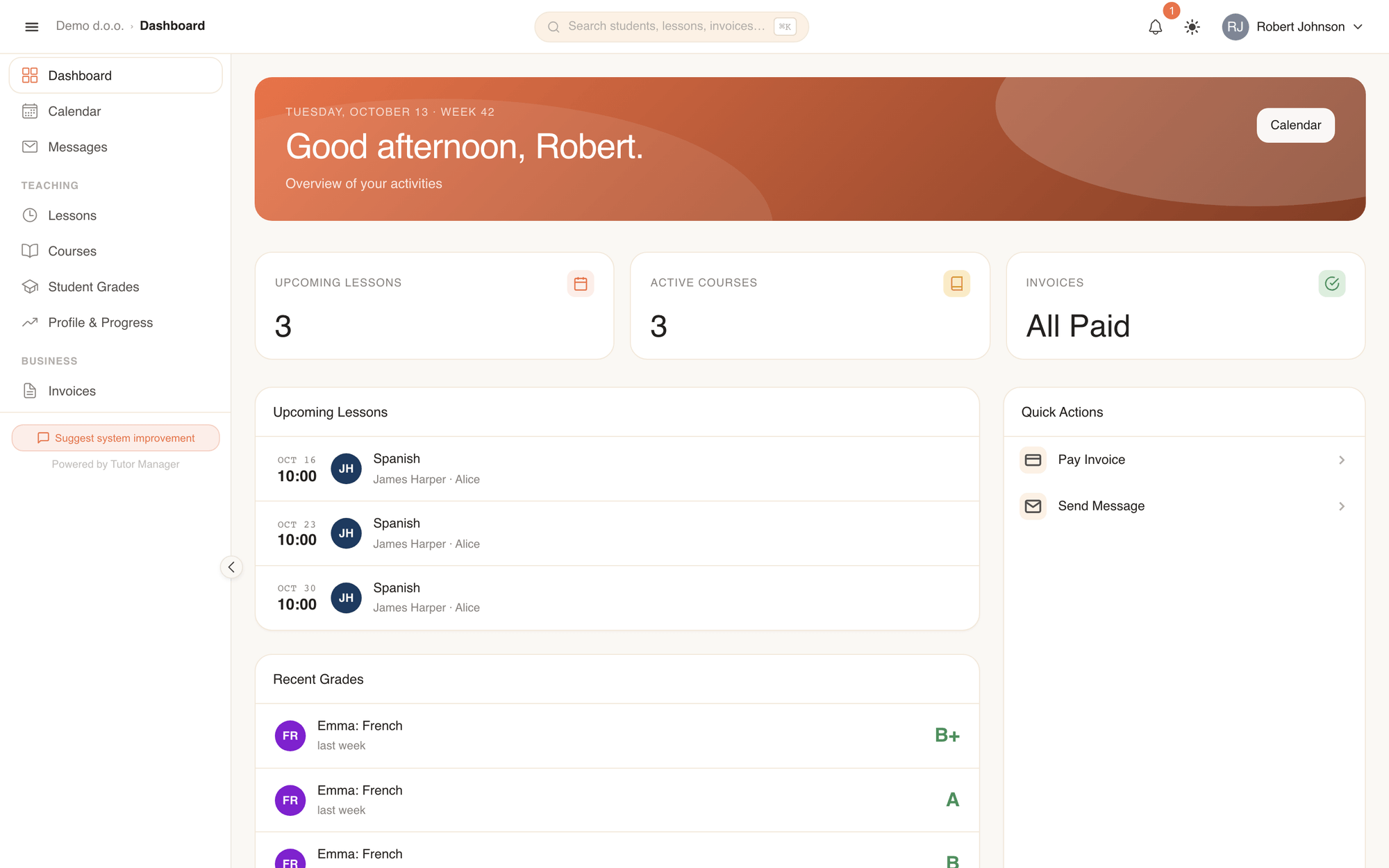The parent dashboard showing upcoming lessons and grades across all children in the family