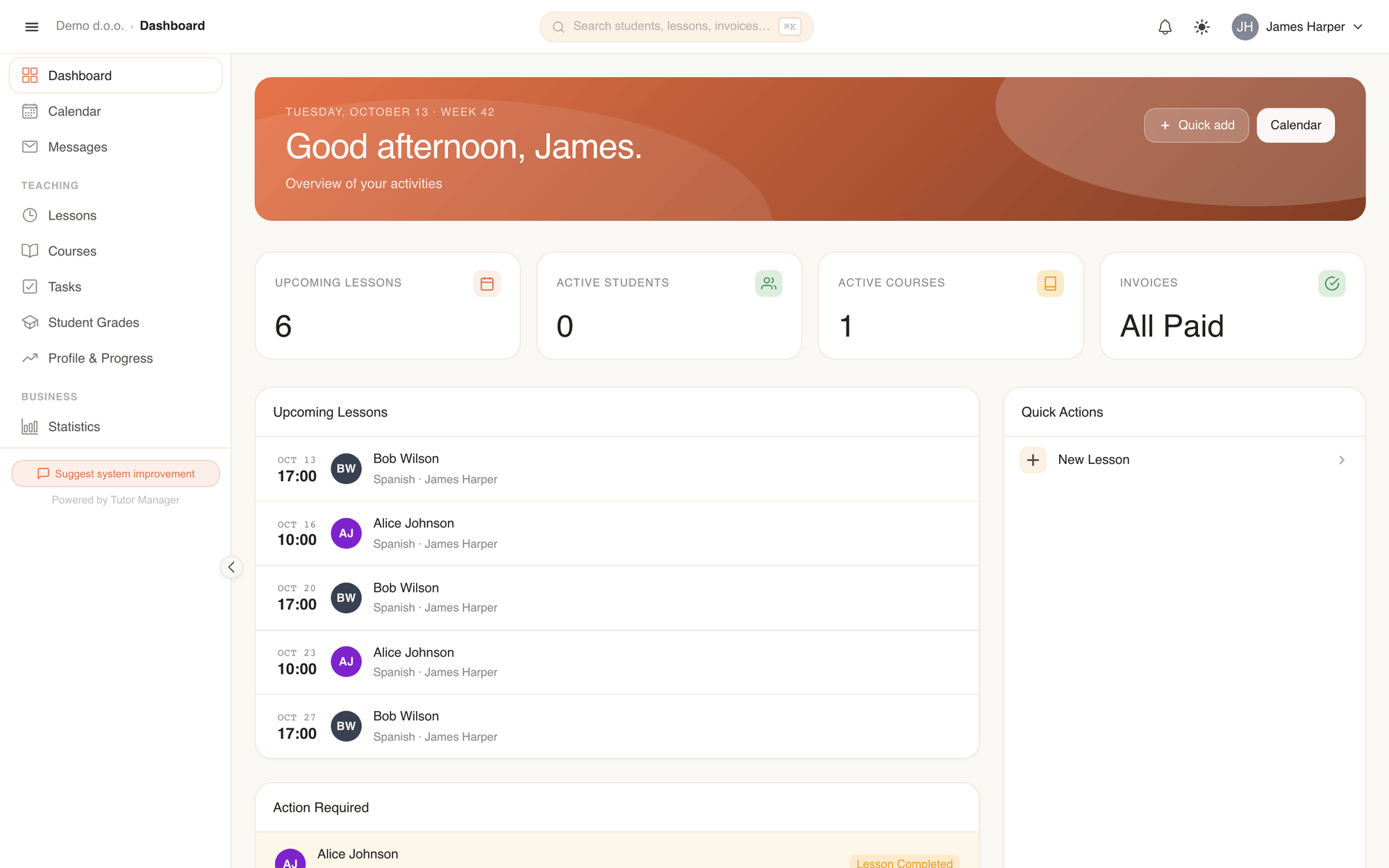 The teacher dashboard showing upcoming lessons and the Action Required alerts