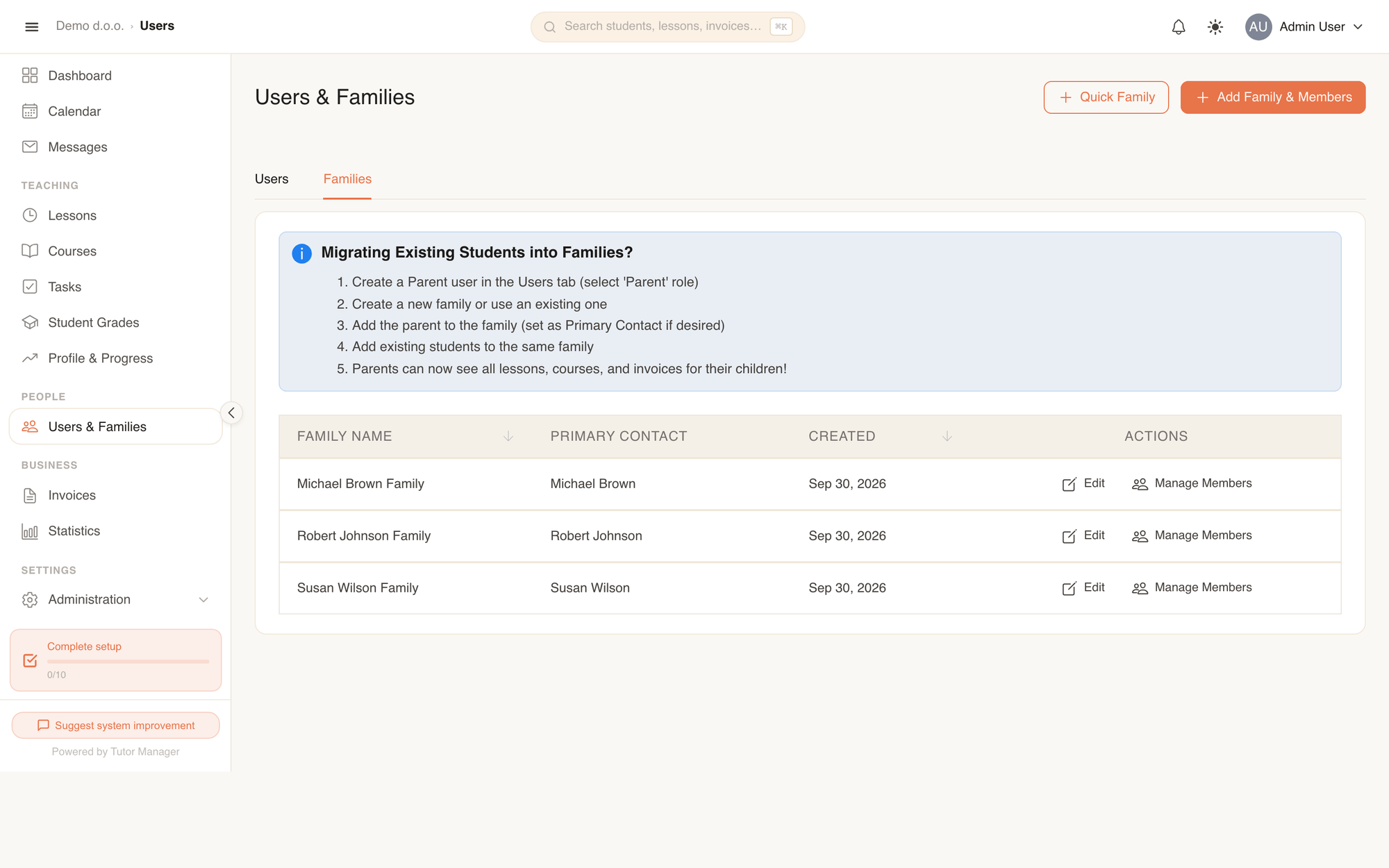 The Families tab on the Users page: list of households with member counts and primary contacts