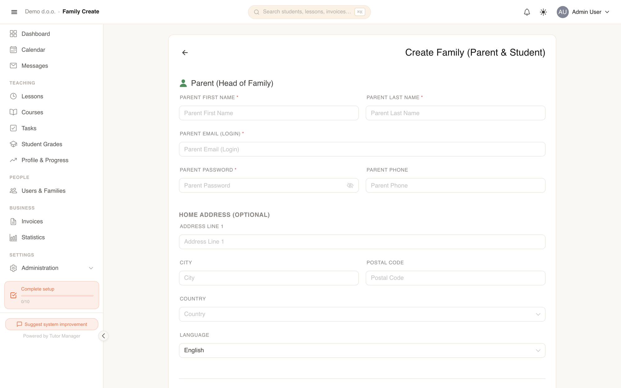Creating a family, parent account, and student profile in one step