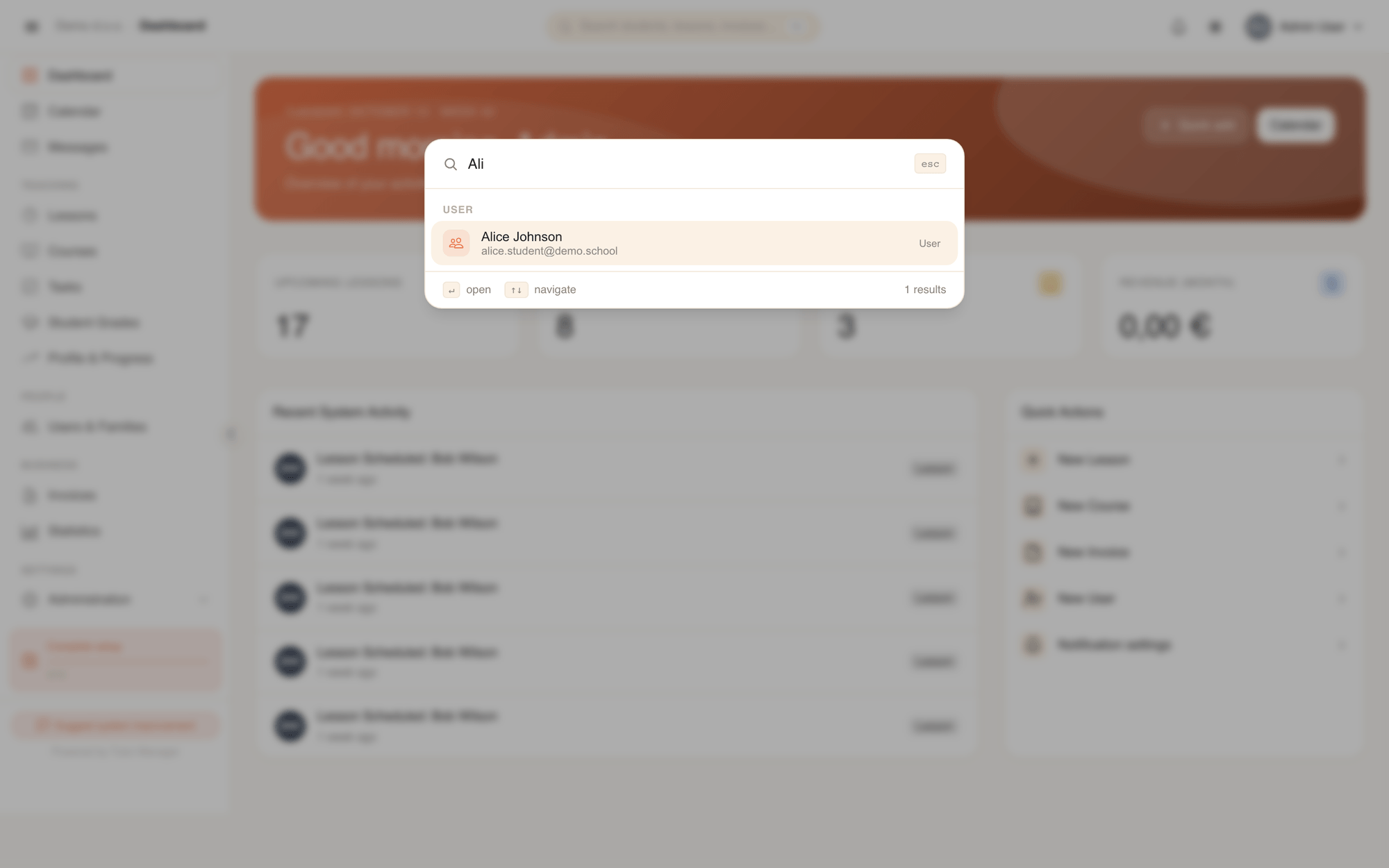 Instant global search across students, lessons, courses, and invoices
