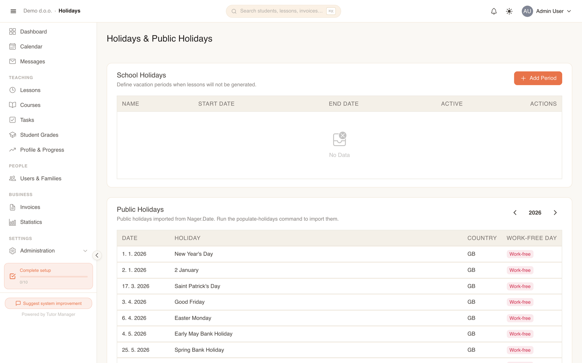 The Holidays page: school holiday periods above and national public holidays below