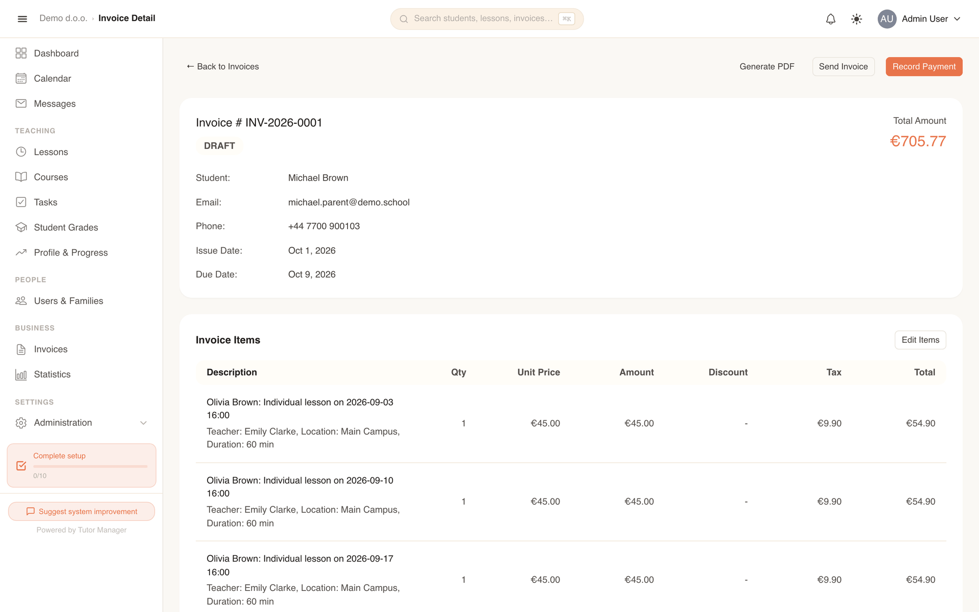 Invoice details showing itemized breakdown, tax rates, payment history, and action buttons