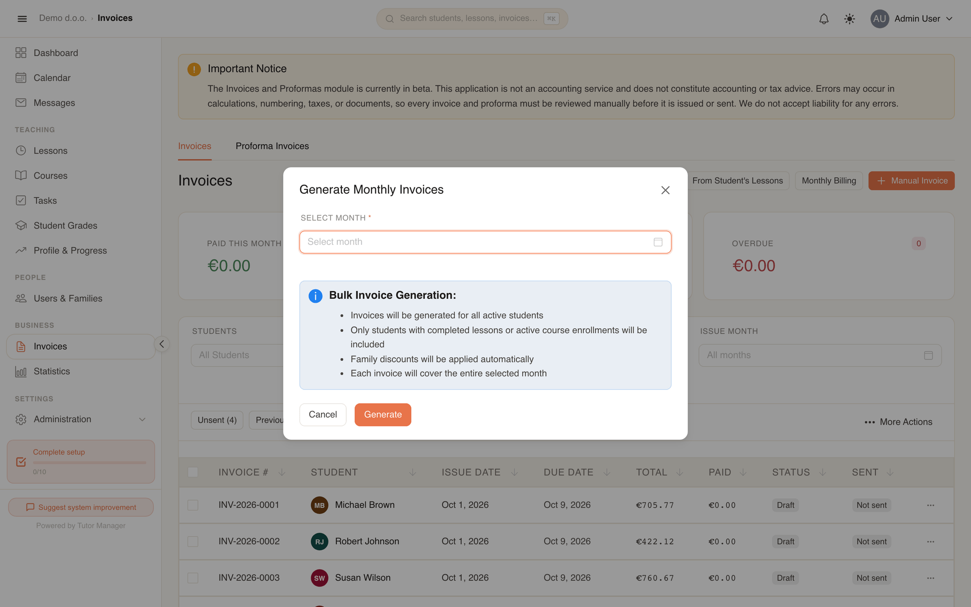 Generating monthly invoices for all students