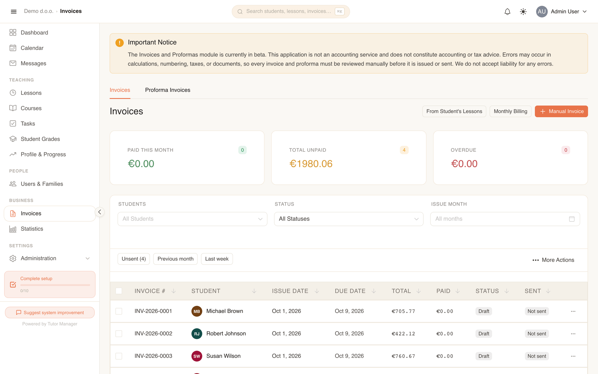 The Invoices page with KPI metrics, filters, status tags, and bulk actions