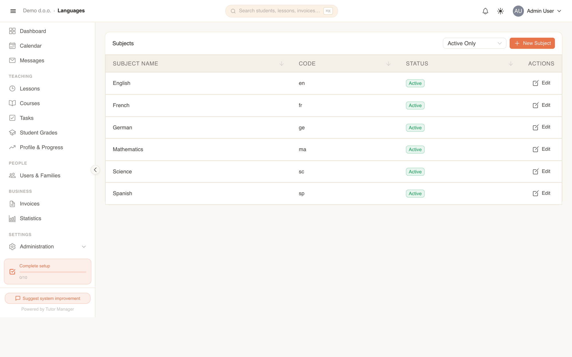 The subjects list where language and academic topics are defined