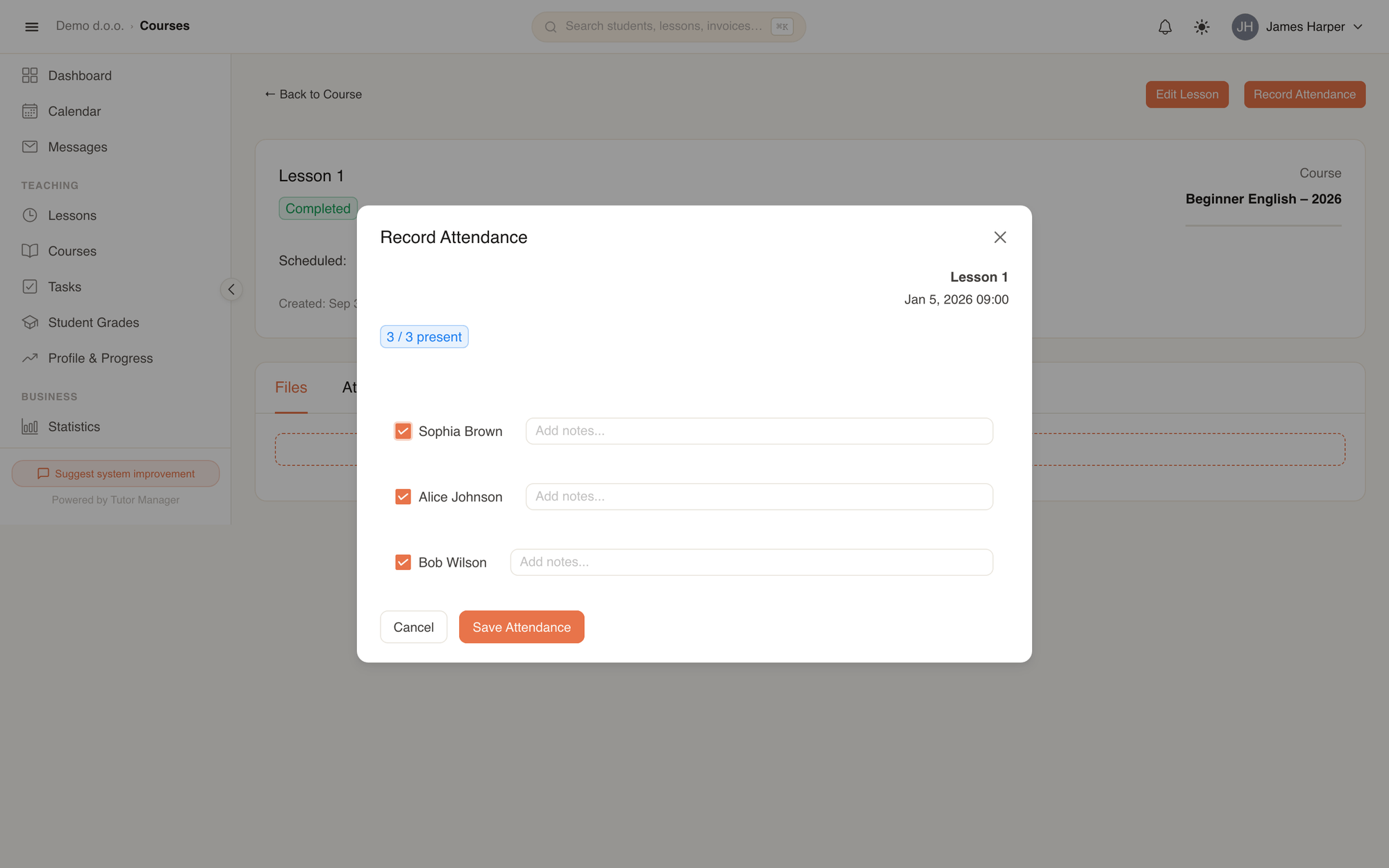 The Complete Lesson modal with notes and private notes