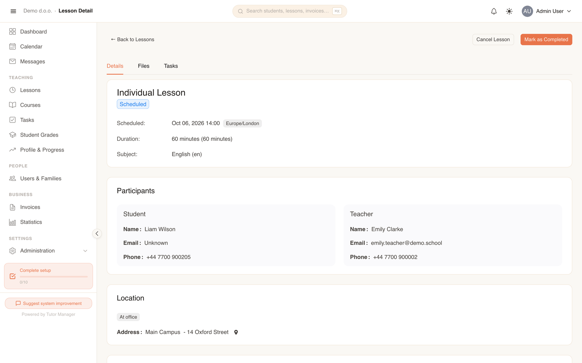 Lesson detail view with action buttons to mark as completed or cancel