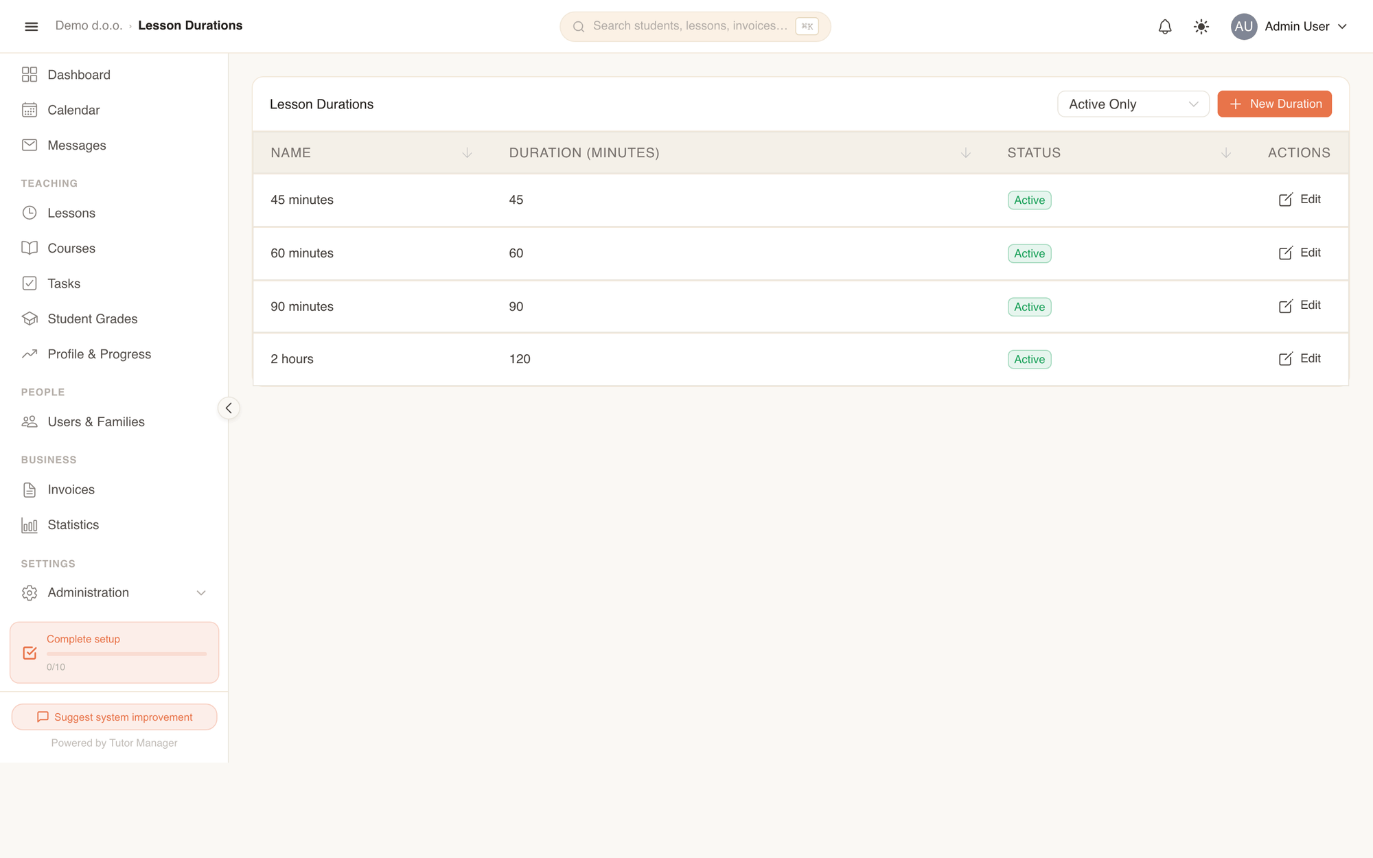 The Lesson Durations page with defined time intervals