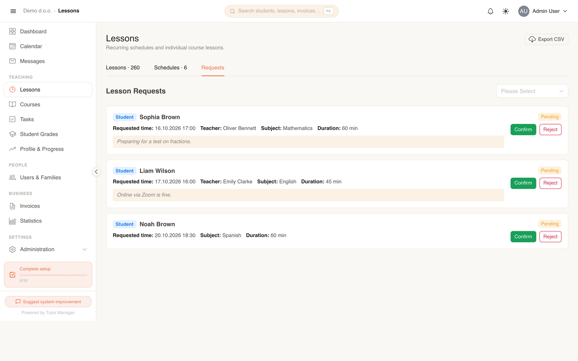 The Lesson requests tab showing pending and processed requests