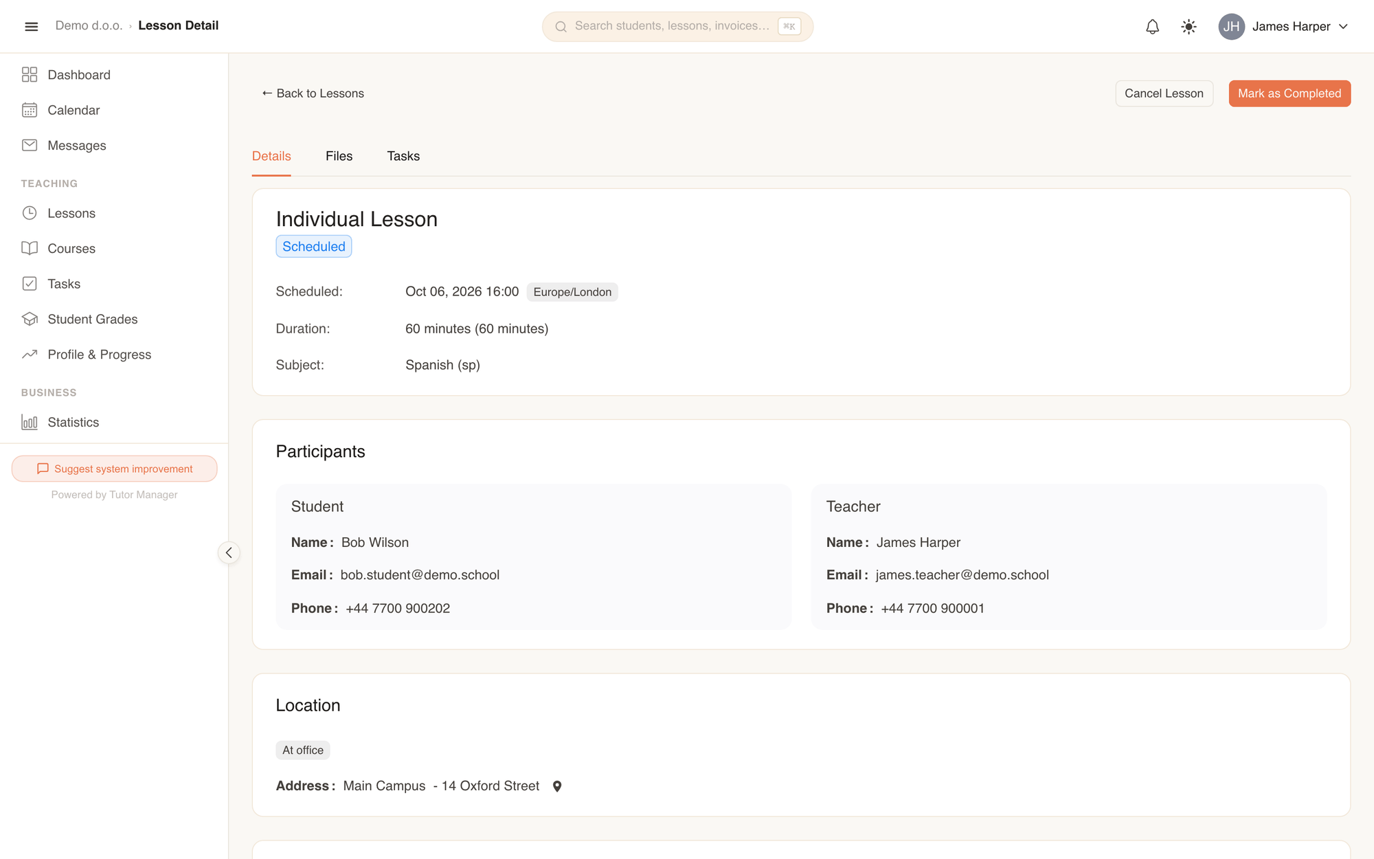 A scheduled lesson with an automated Zoom video join link