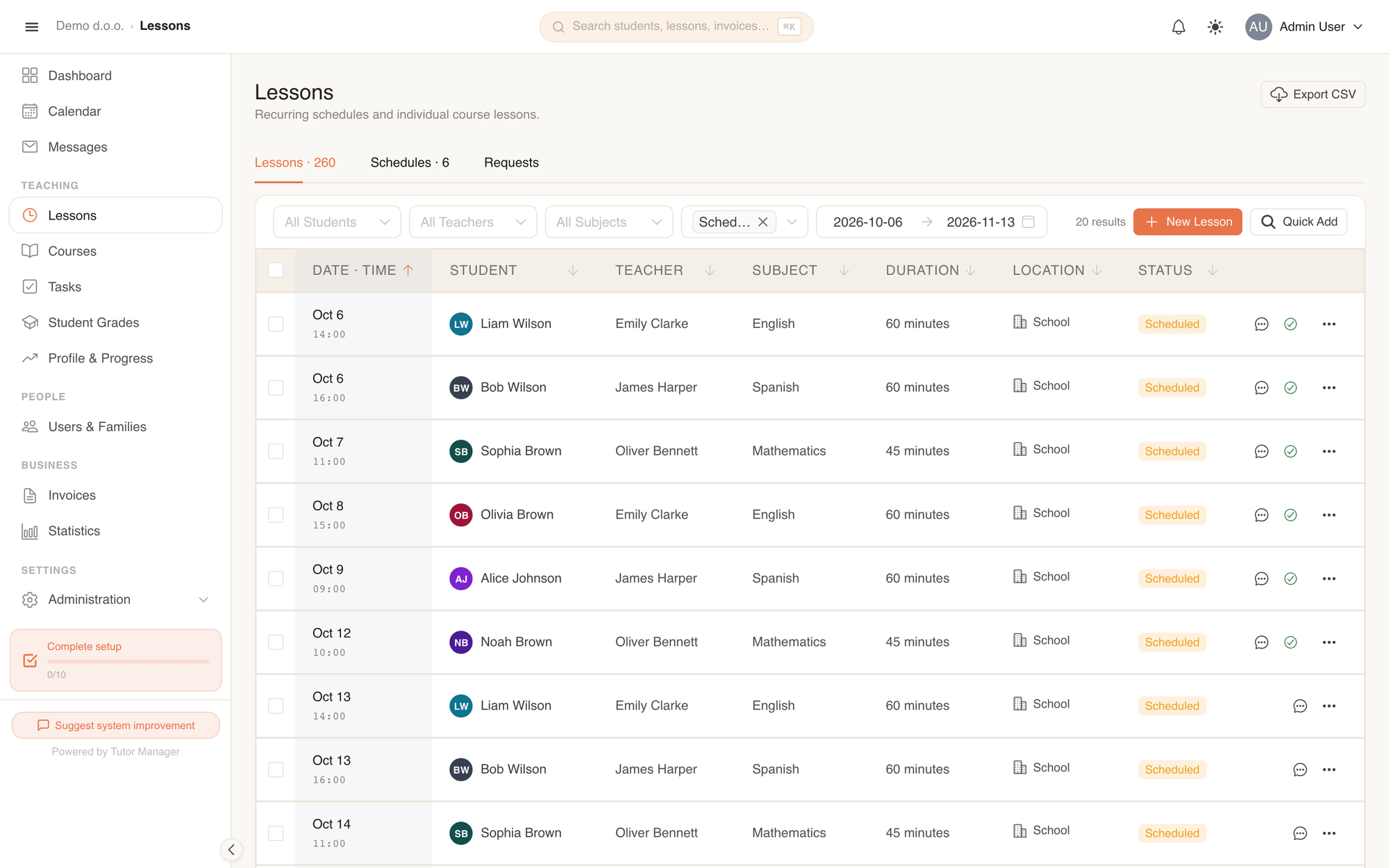 The Lessons page: filters, quick date shortcuts and the list of lessons