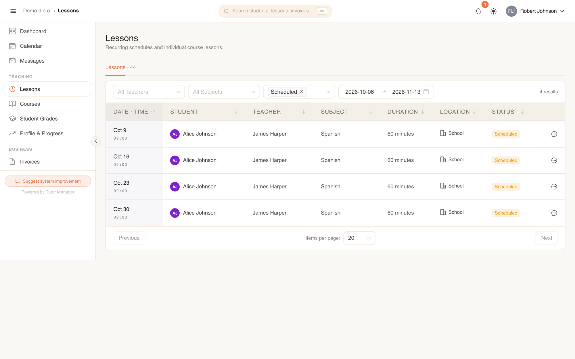 The family lessons list with filters by student, subject, and date