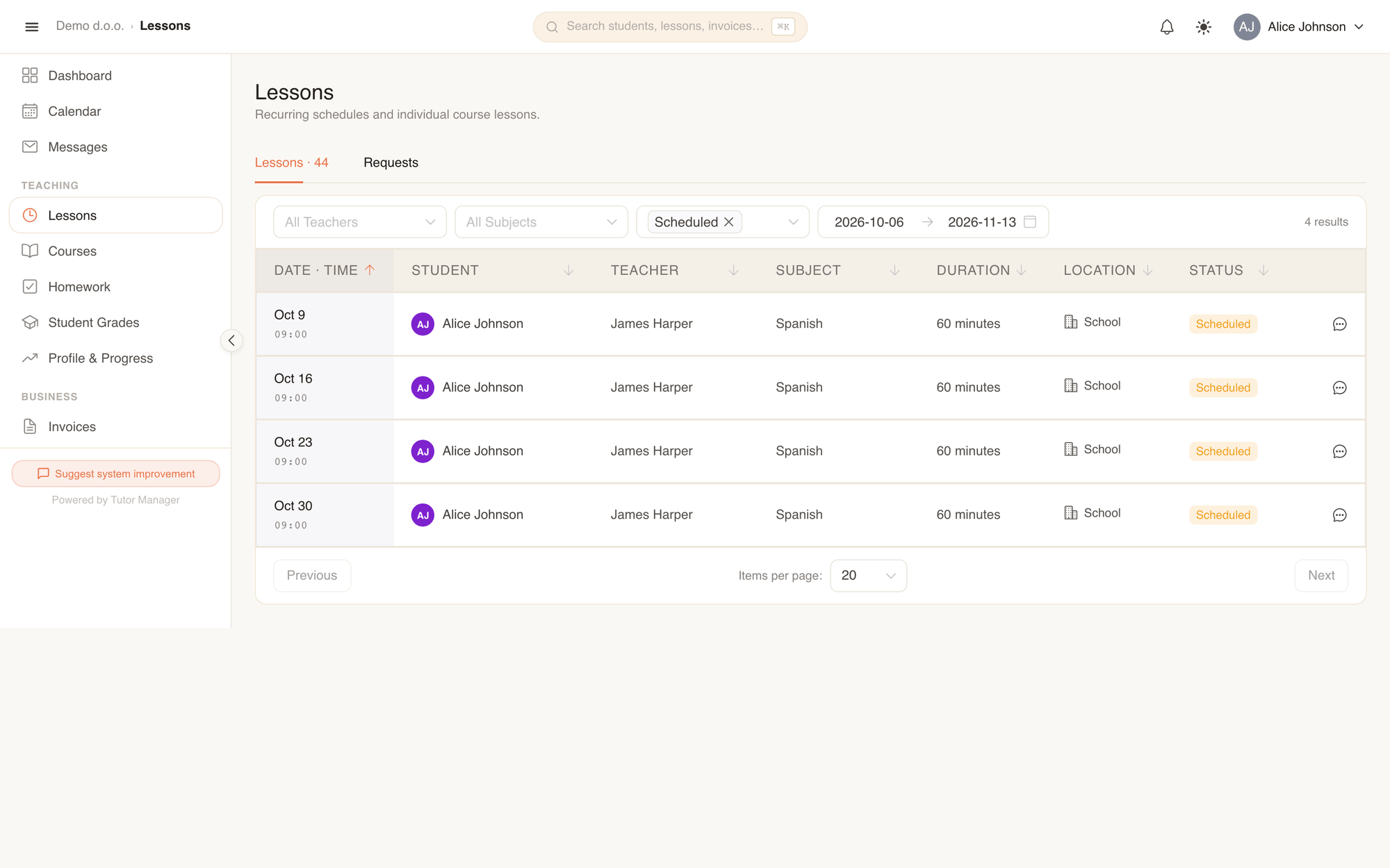 The student lessons view with past notes, files and upcoming sessions