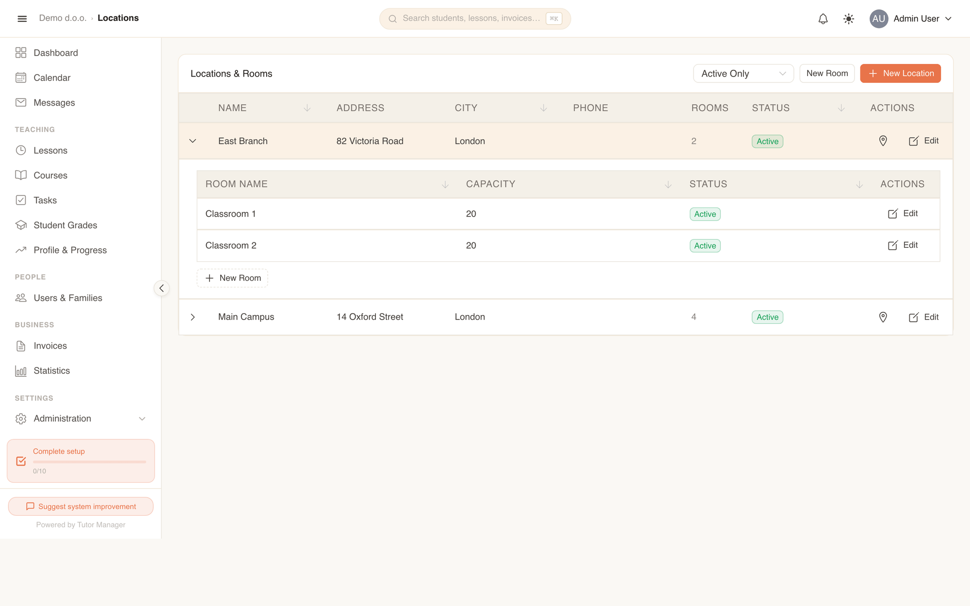 The Locations & Rooms page with an expanded location showing its classrooms