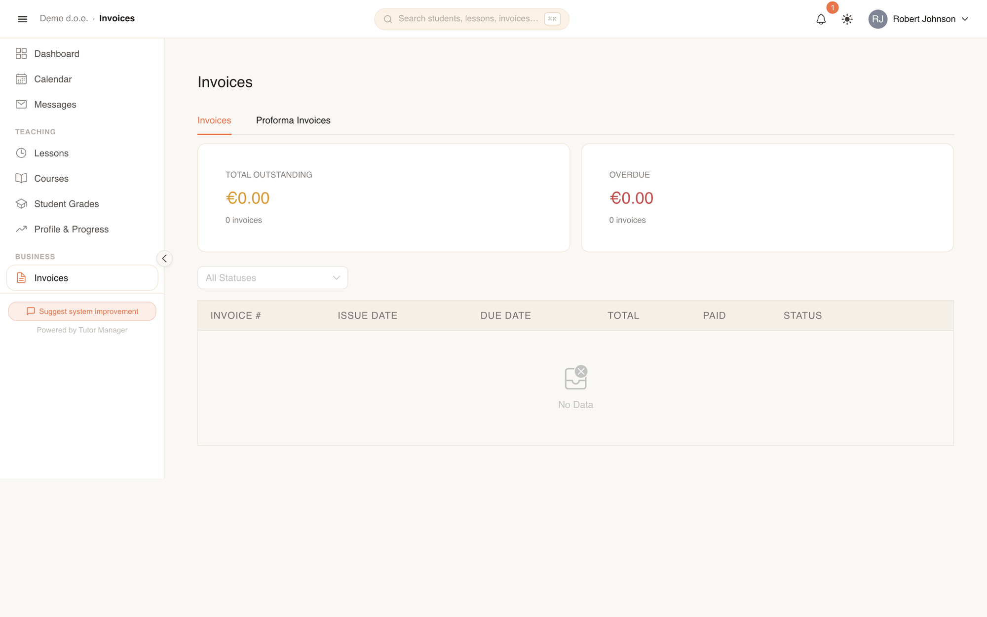 The parent billing portal showing family invoices, open balances, and PDF download buttons