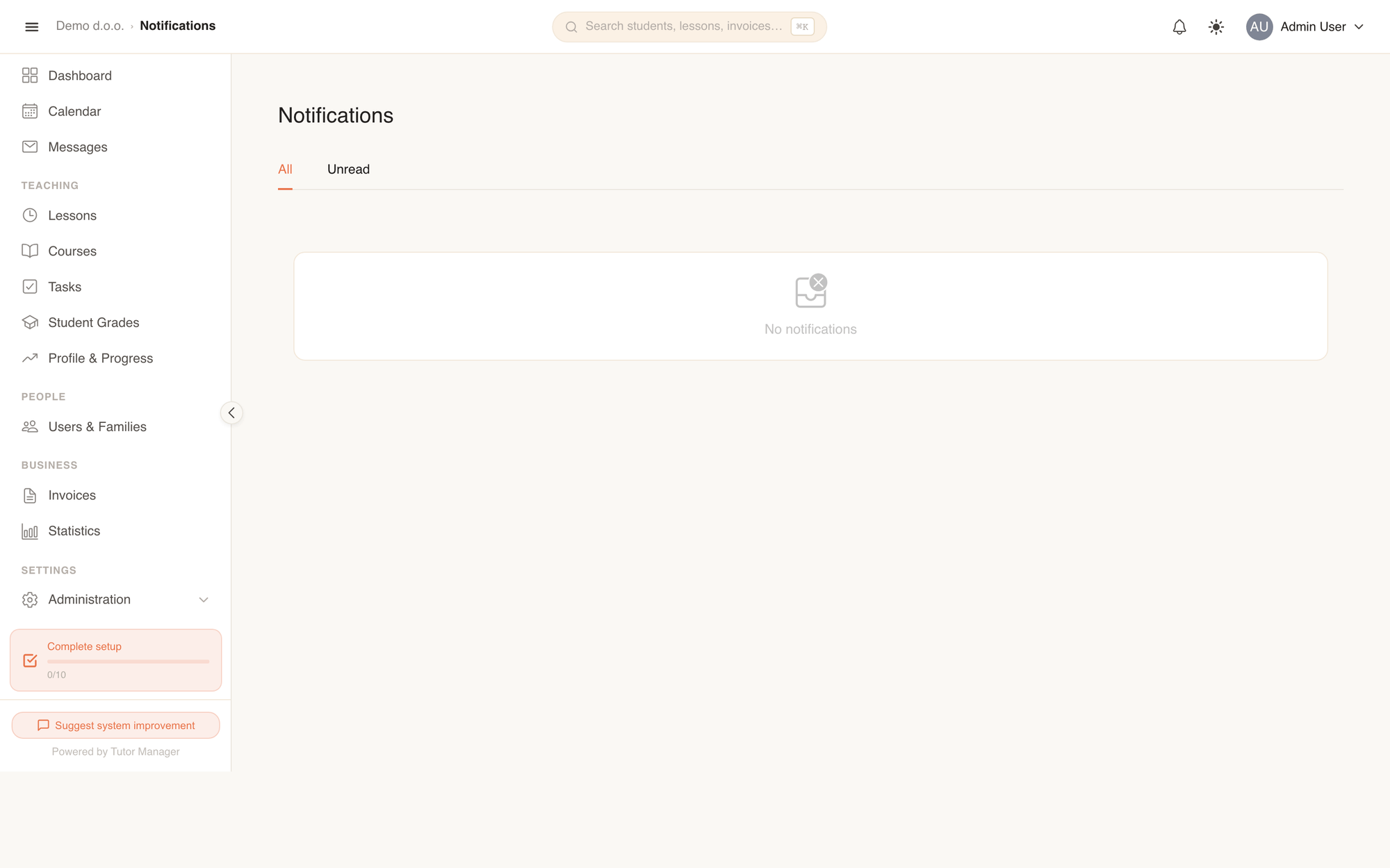 The notifications panel showing recent alerts and lesson updates