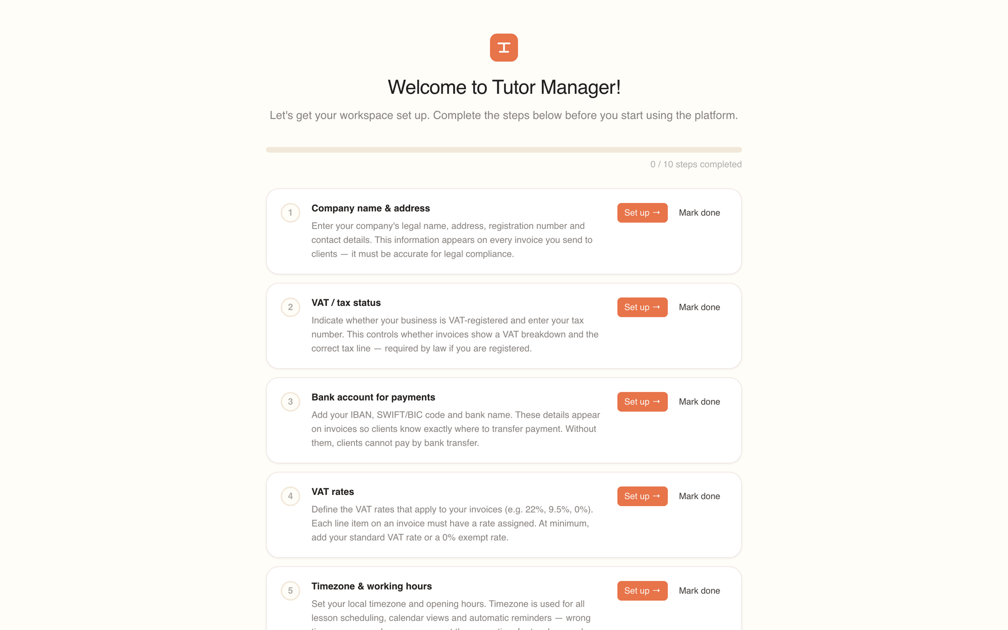The setup checklist after your first login