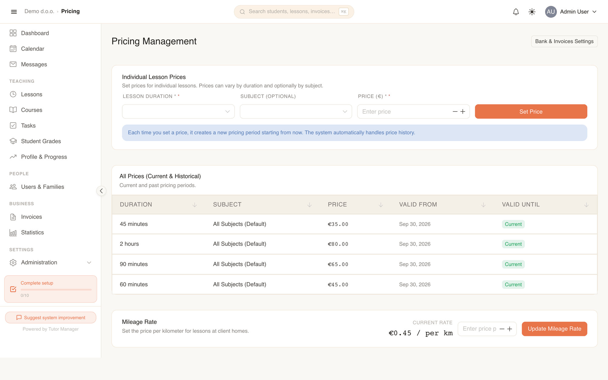 The Pricing page: set new rates by duration and subject, view price history, and set mileage