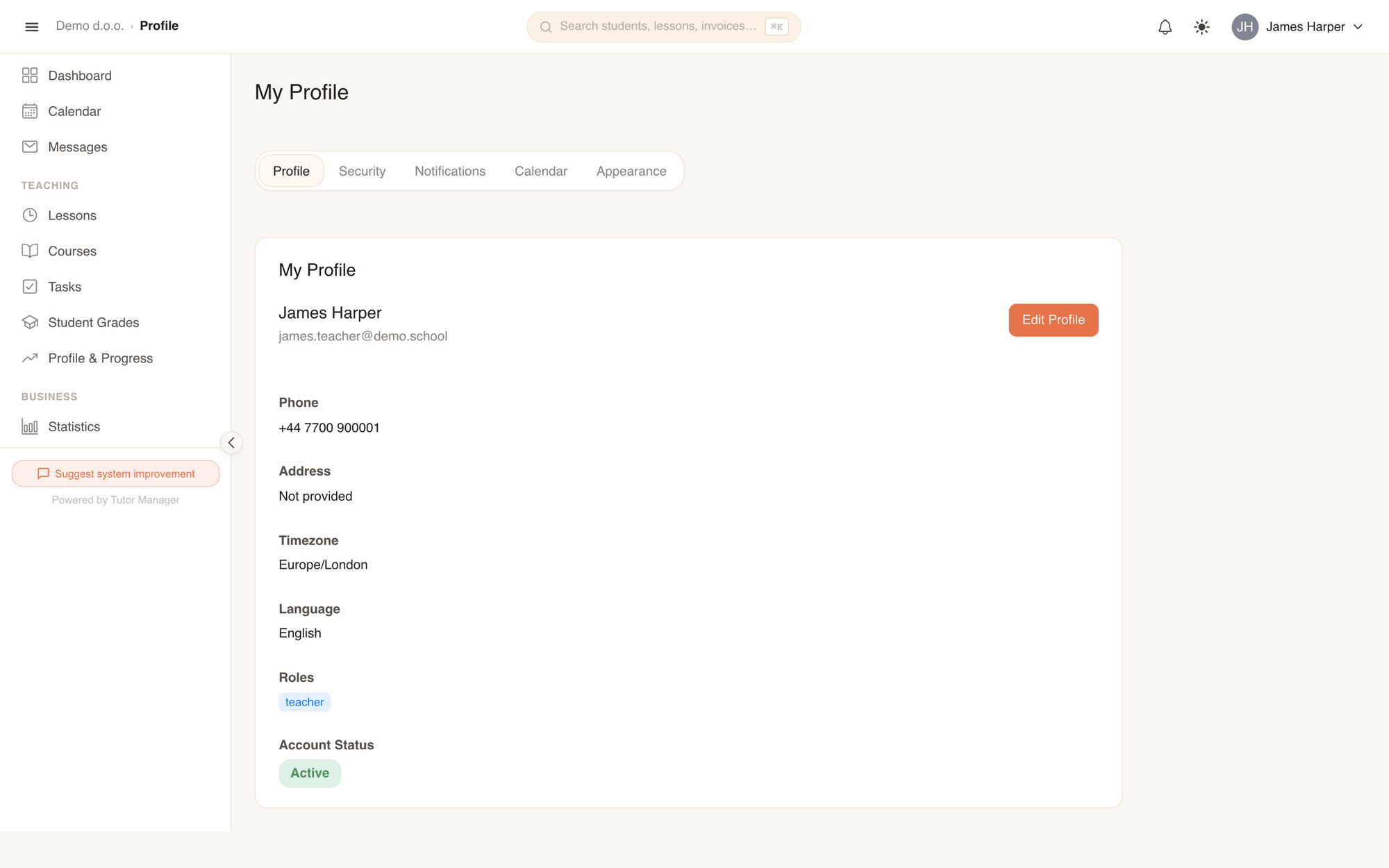 The user profile page with personal details, language and calendar feeds
