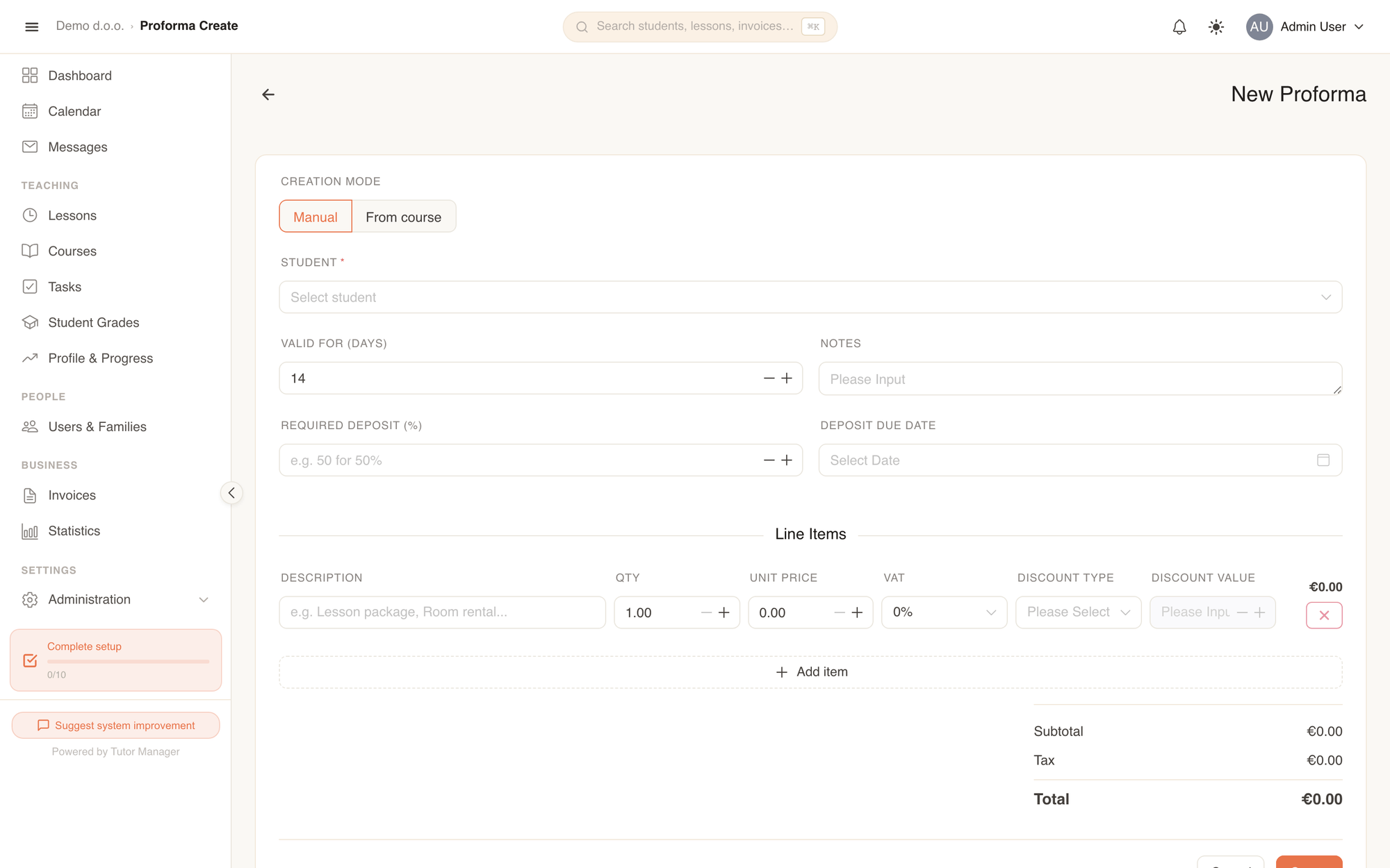 Creating a proforma with mode selection, line items, deposits, and automated family discounts