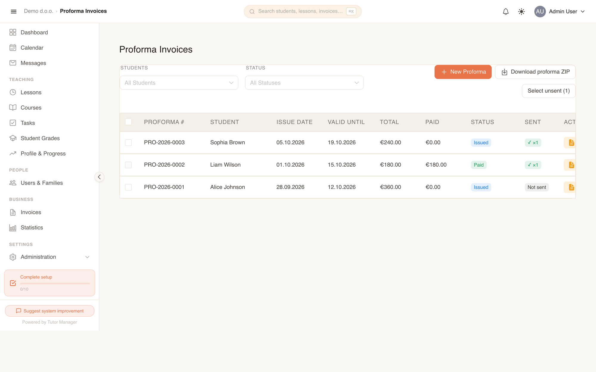 The Proforma Invoices list with status filters, payment tracking, and action buttons