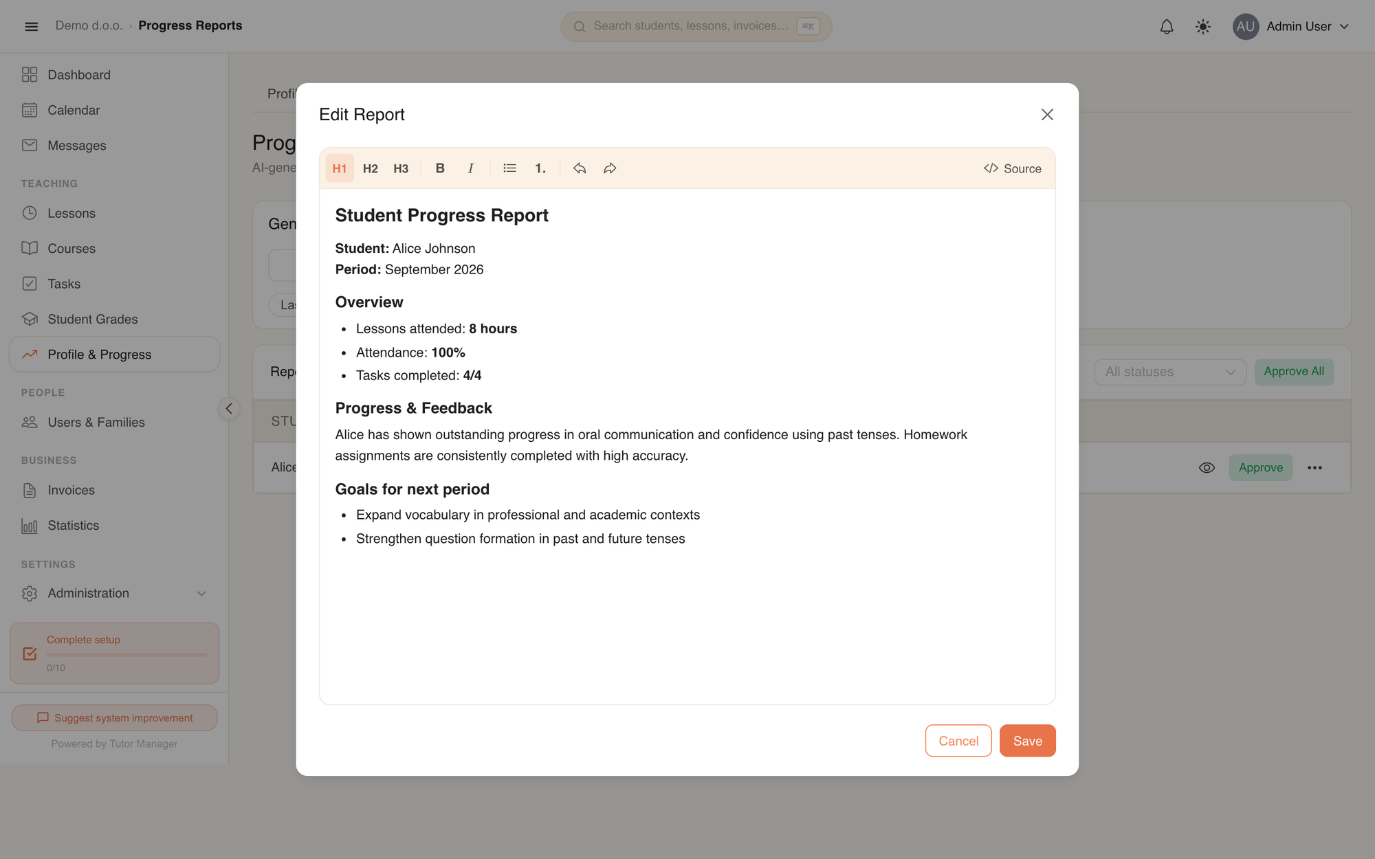 The progress report editor modal with Markdown formatting tools and live preview