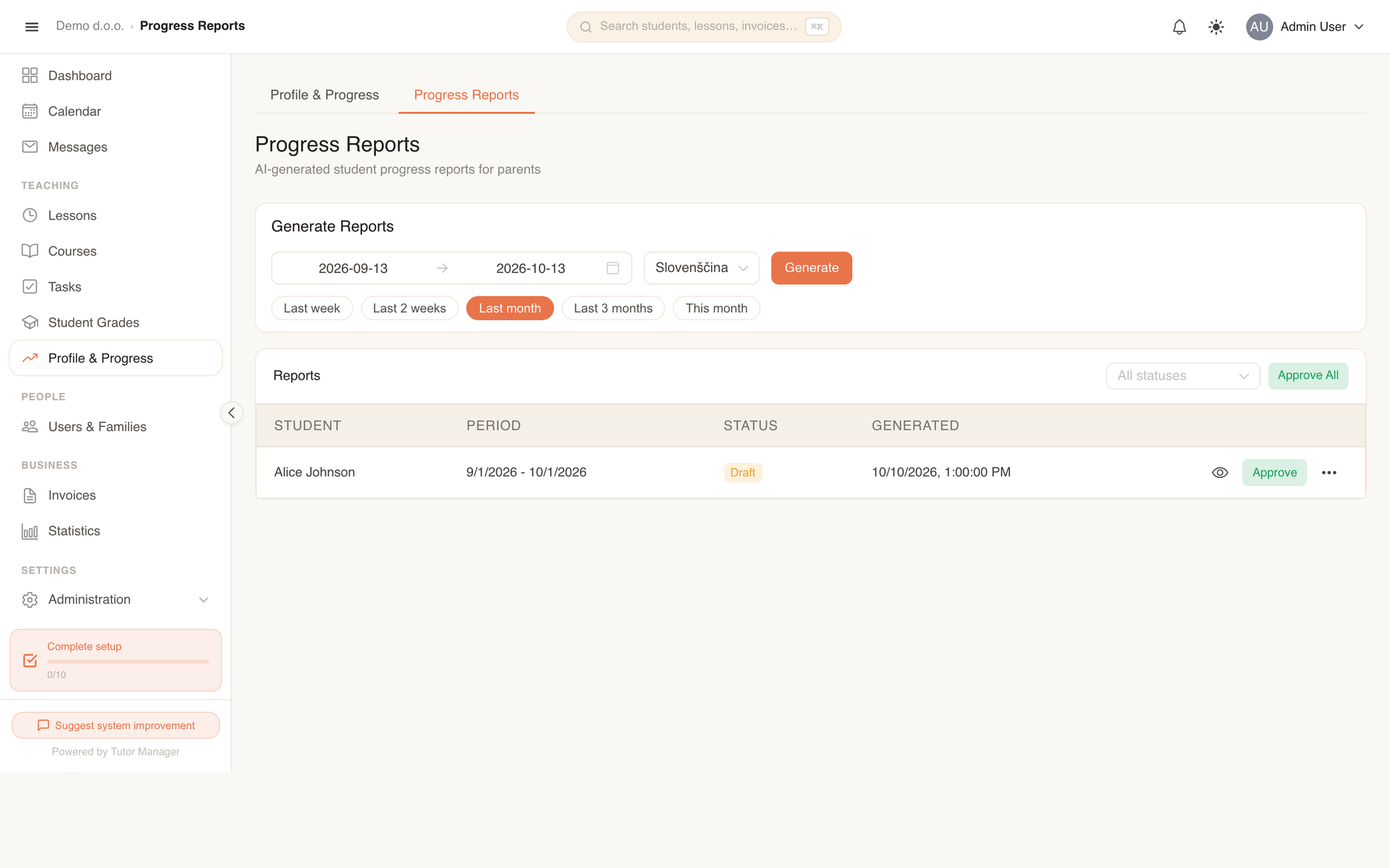 The Progress Reports dashboard with date range presets, status filters, and bulk action buttons
