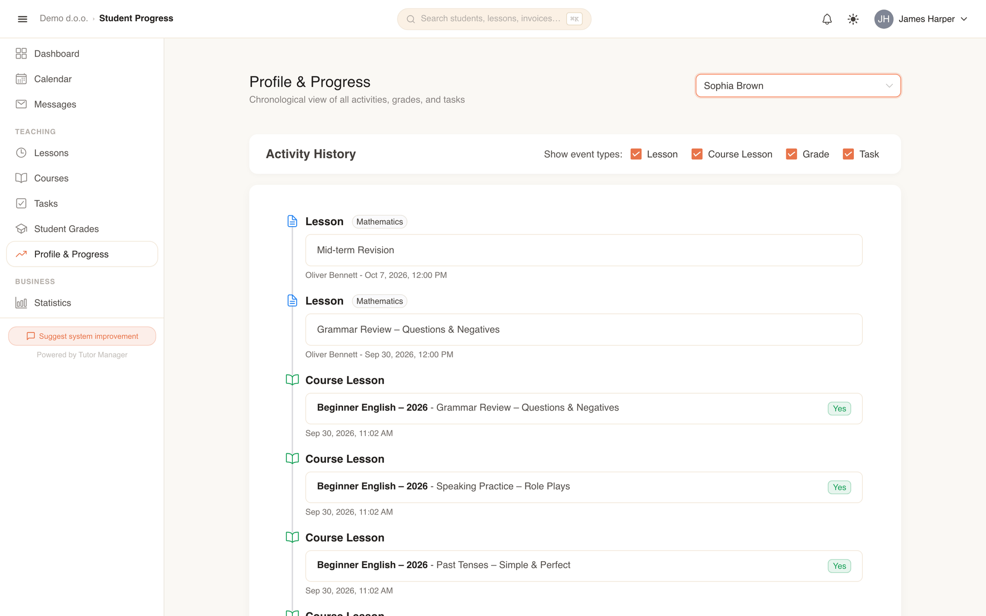 The student progress overview with subject tags, teacher contacts, and chronological activity timeline