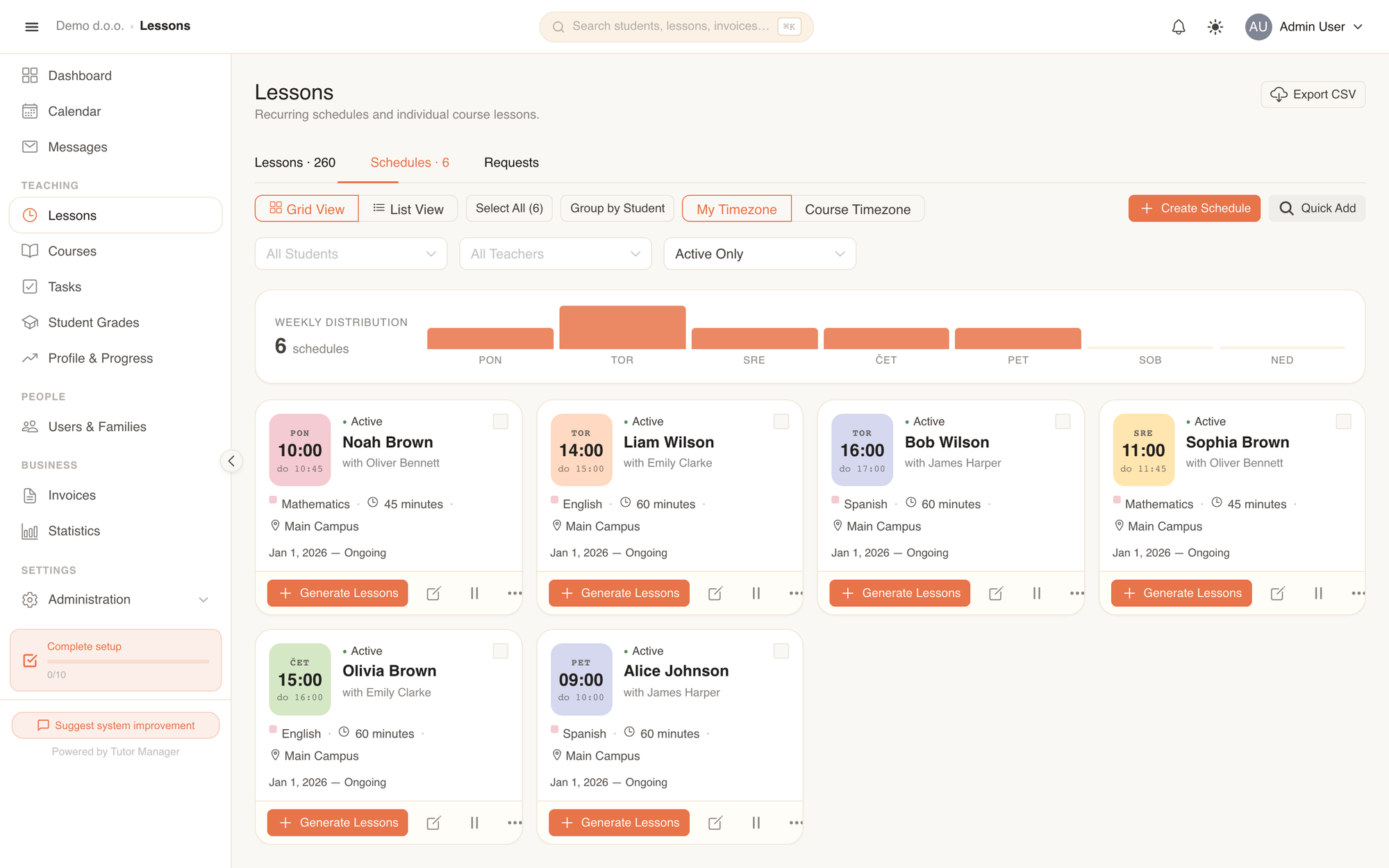 The Schedules tab shows every recurring schedule and its status