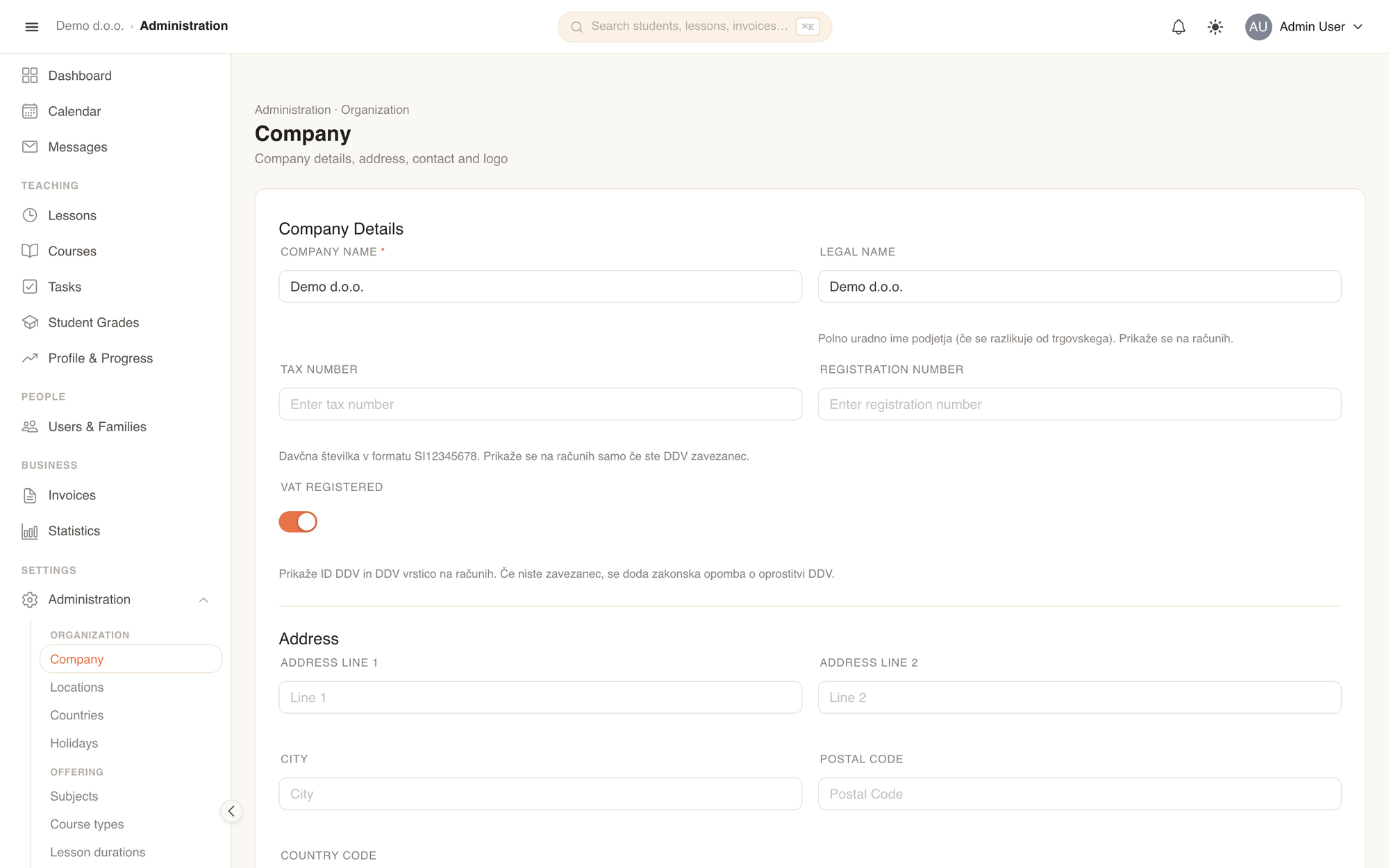 Company settings: business information, address, and logo