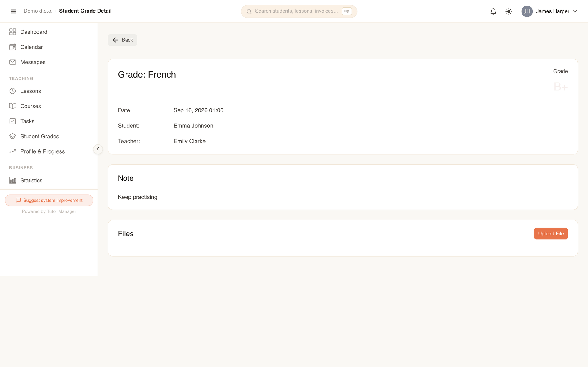 The grade detail page showing the score, notes, and attached exam files
