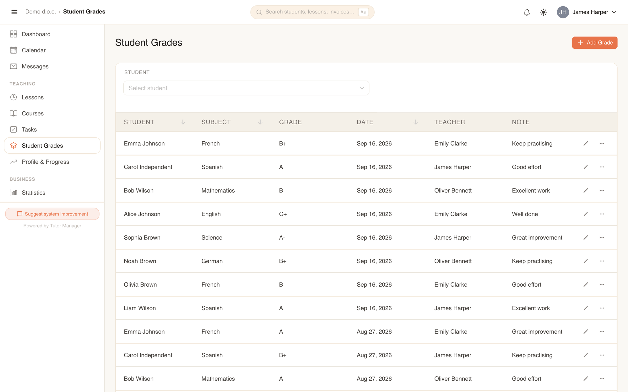 The Student Grades page with filters by student, recorded marks, and quick action buttons
