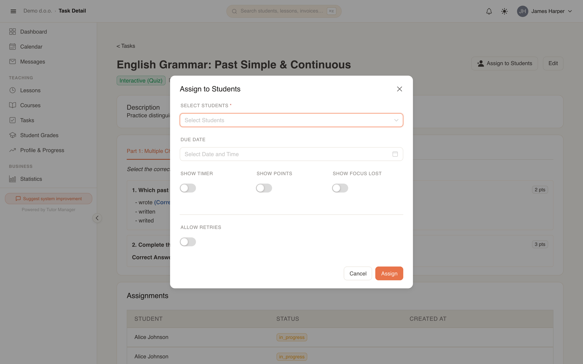 The Assign Task modal with student selection, due date, timer settings, and retry options