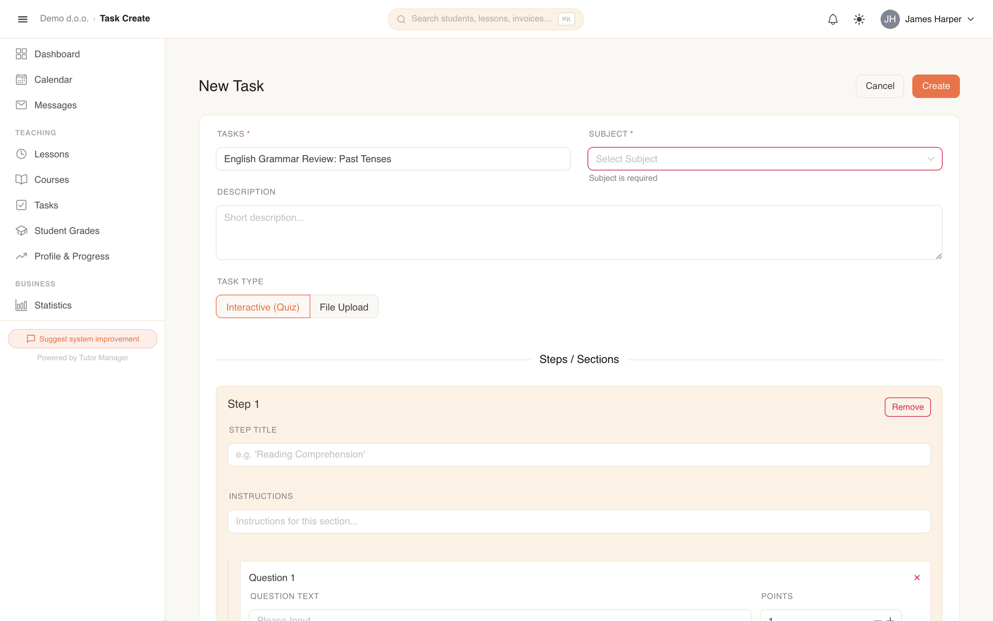 The interactive task builder with steps, questions, points, and option choices