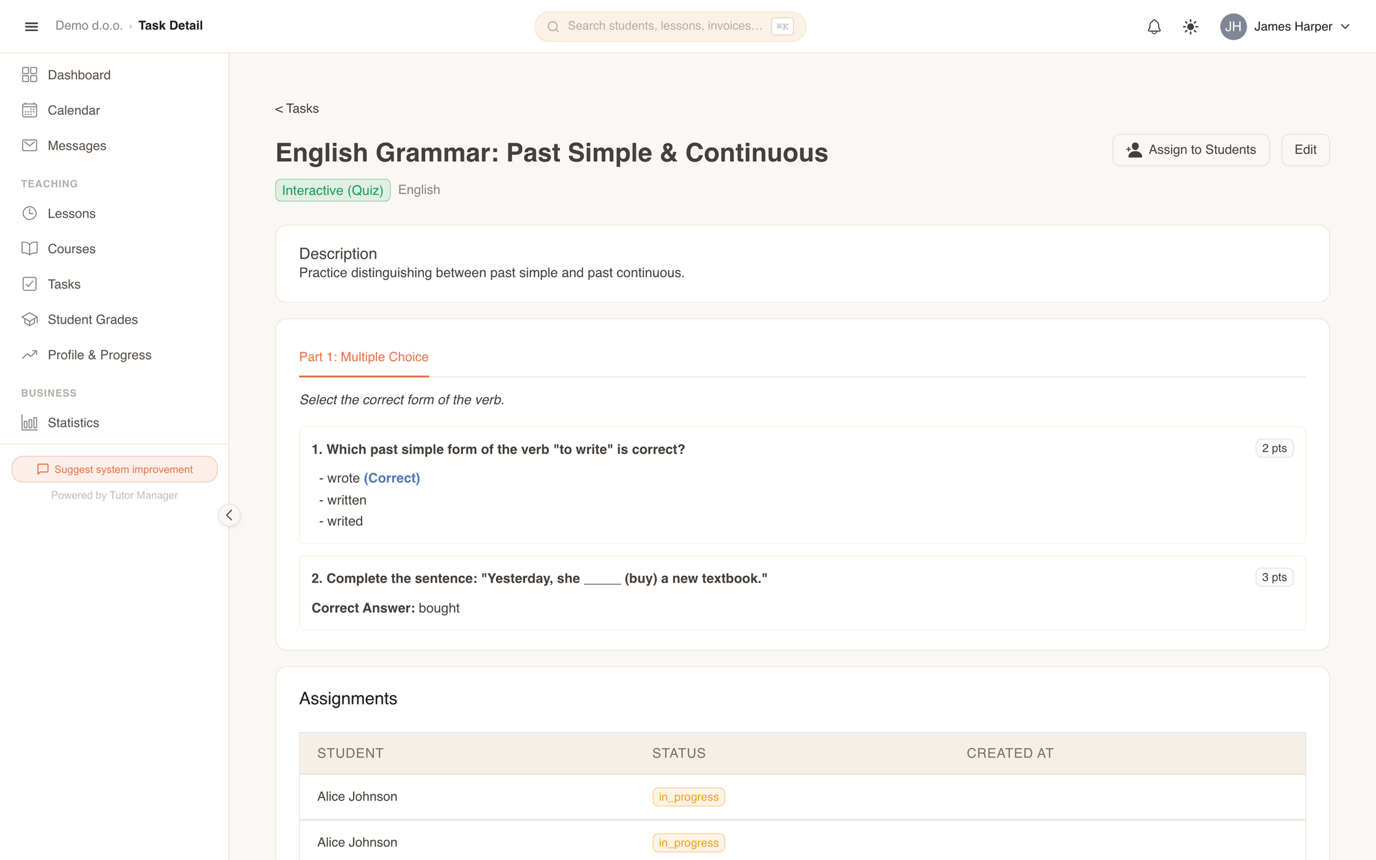 Task details showing question structure, points, and assignment history
