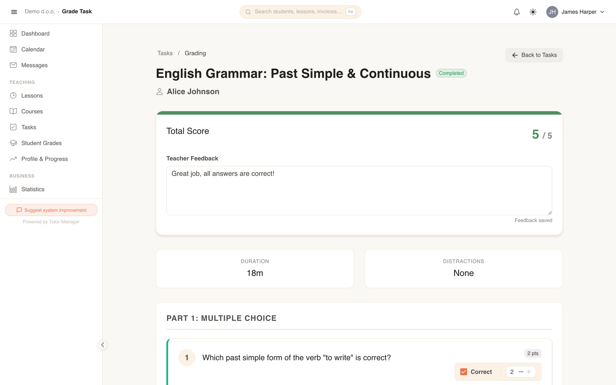 The grading page with total score, student answers, correct solutions, and teacher feedback